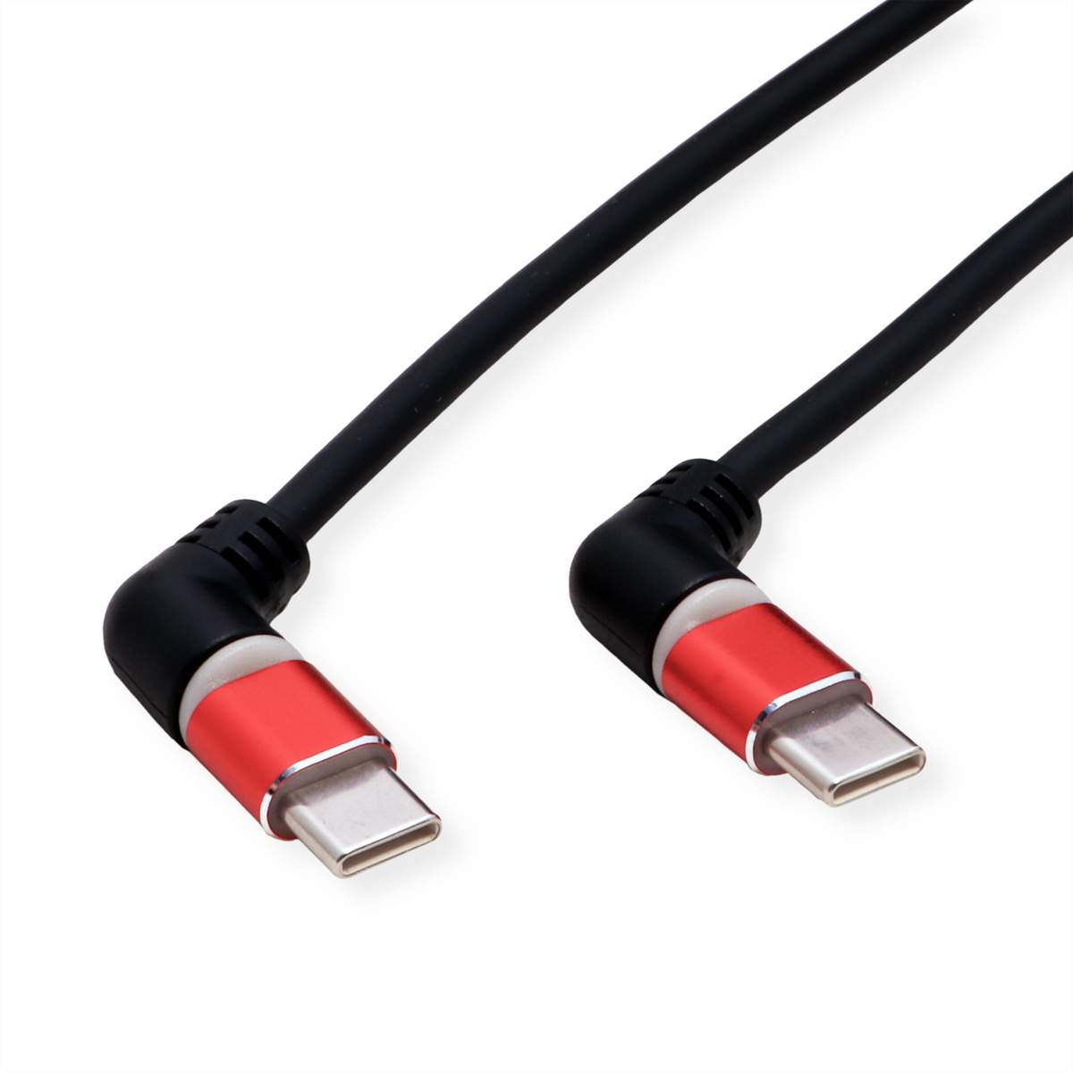Twee USB-C-kabels met rode en zilveren connectoren op een witte achtergrond.
