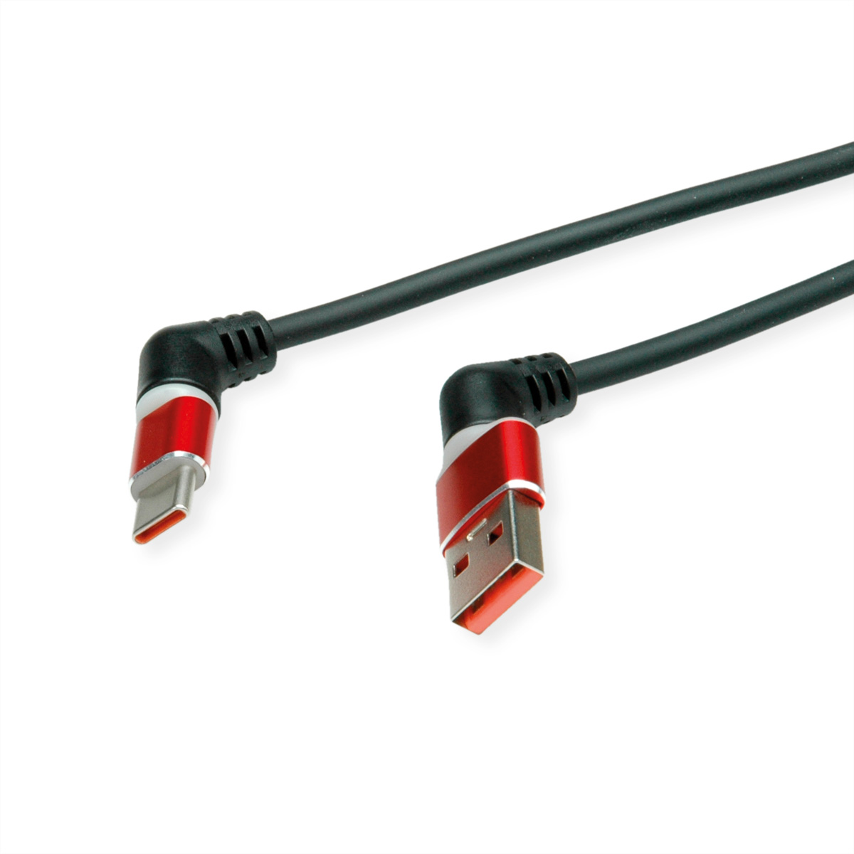 Deux câbles USB-C noirs avec connecteurs rouges et argentés. Conception coudée pour une utilisation pratique.