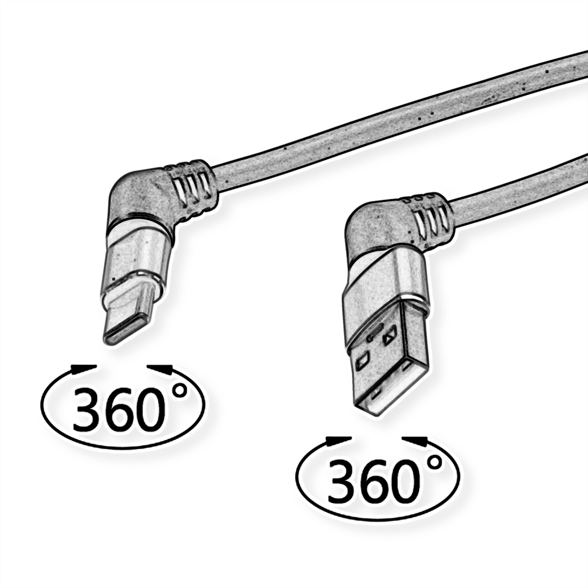 Croquis de deux câbles USB avec flèches à 360 degrés, un USB-C, un USB.