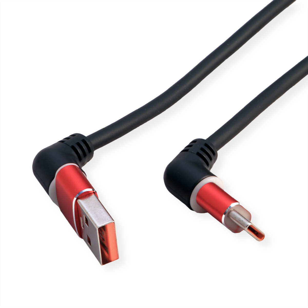 Câble USB noir et rouge, avec connecteurs Type-C et USB, sur fond blanc.