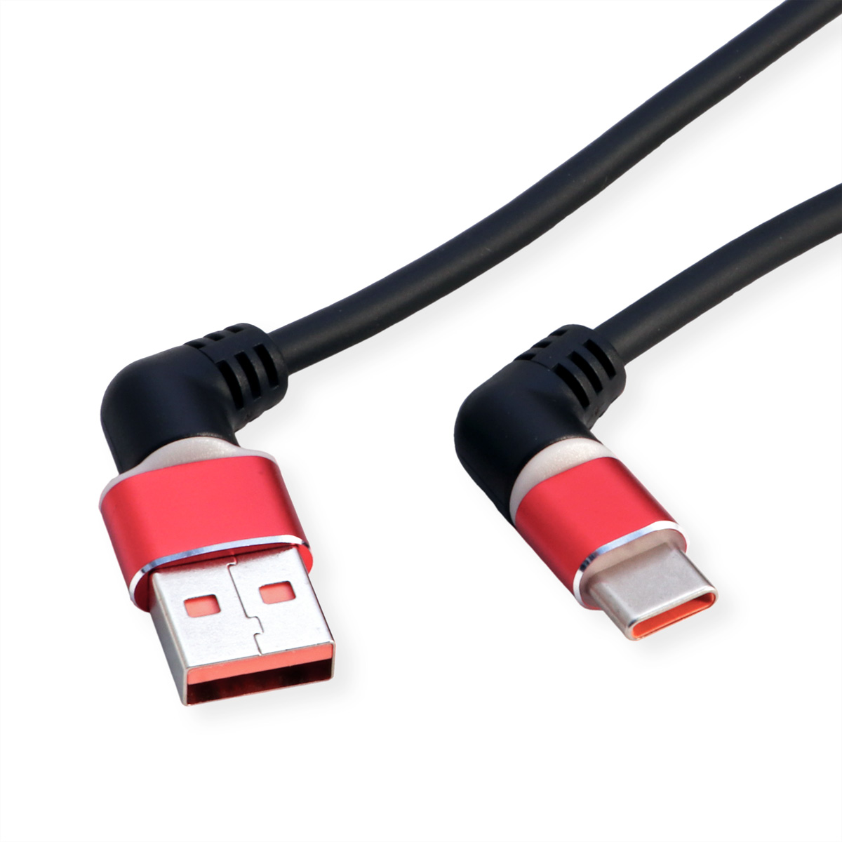 Deux câbles USB noirs avec connecteurs rouges et argentés. L'un est USB-A, l'autre USB-C. Fond blanc.