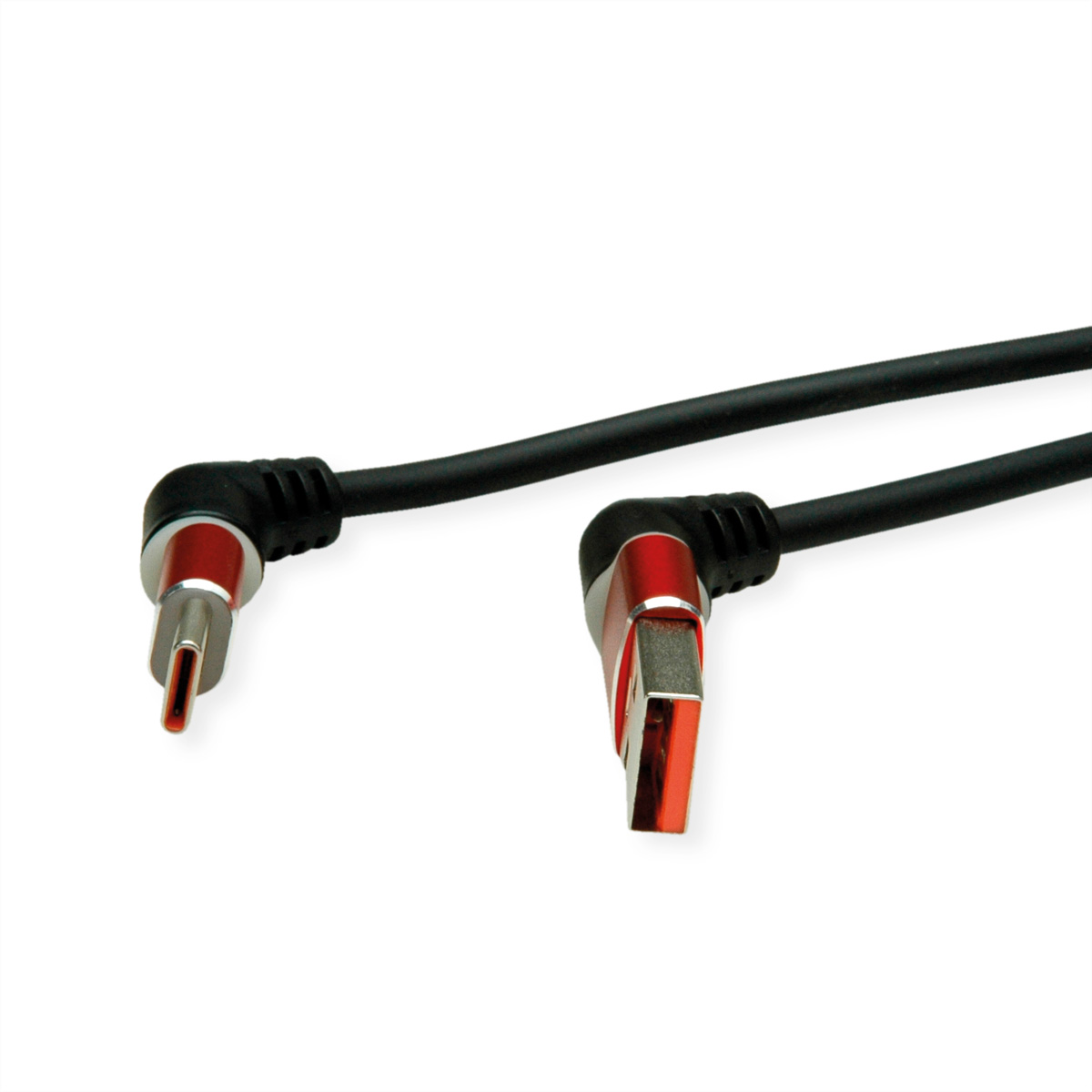 Deux câbles USB-C noirs et rouges avec connecteurs coudés, fond blanc.