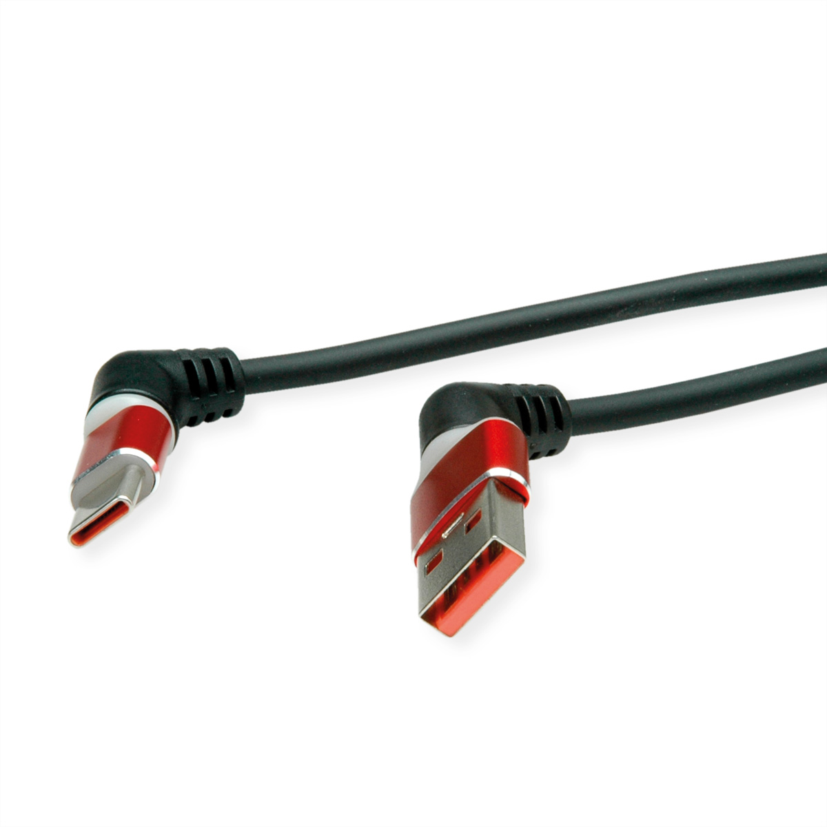 Câbles USB-C et USB coudés noirs et rouges sur fond blanc.
