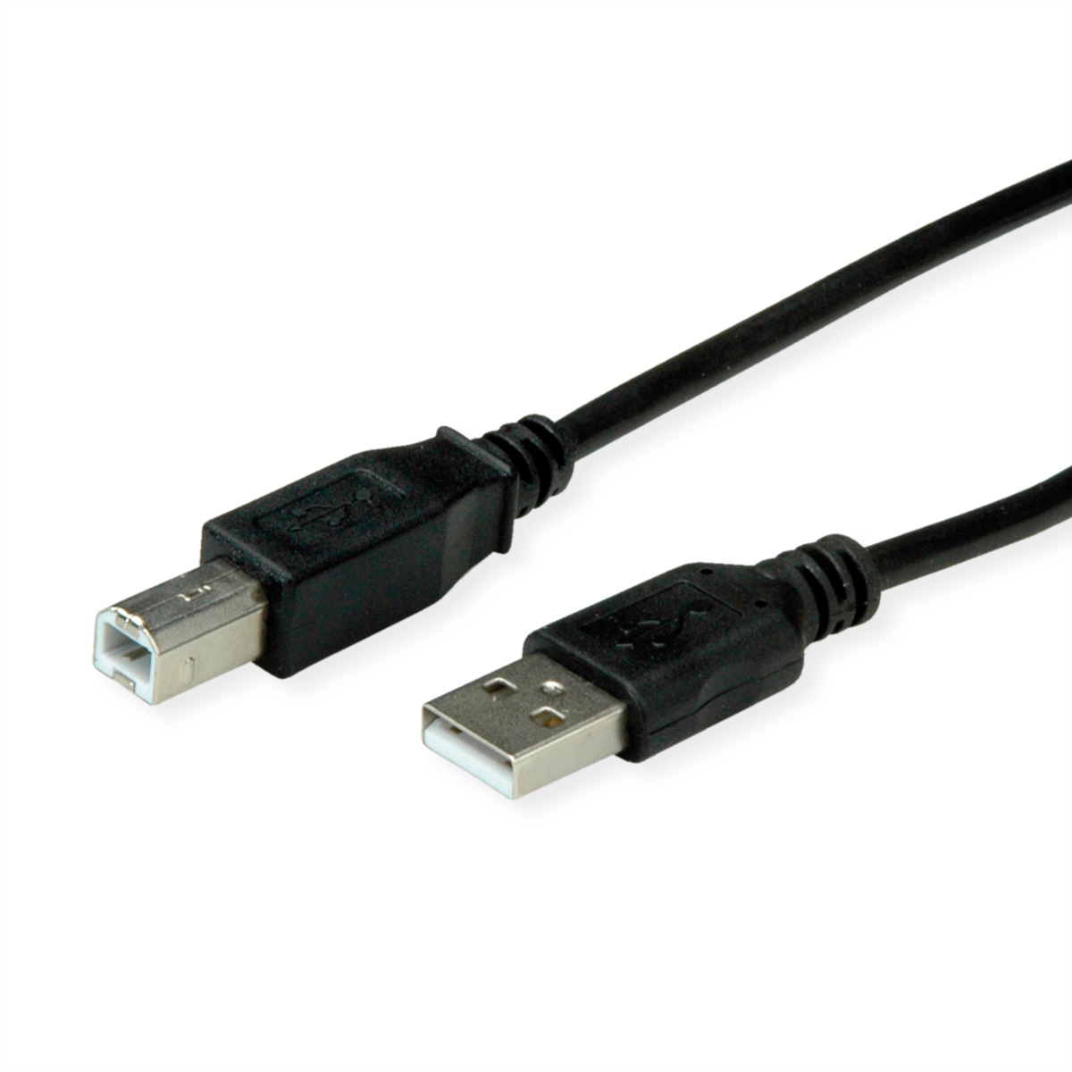 Câble USB noir avec un connecteur USB-A et USB-B, sur fond blanc.