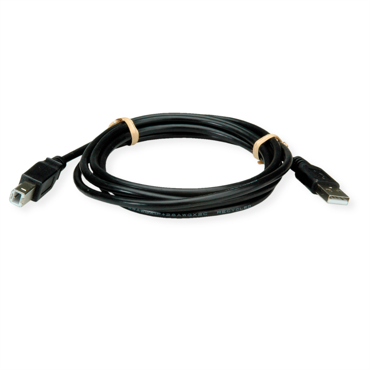 Câble USB noir, enroulé avec un élastique. Les connecteurs USB-A et USB-B sont visibles. Fond blanc.