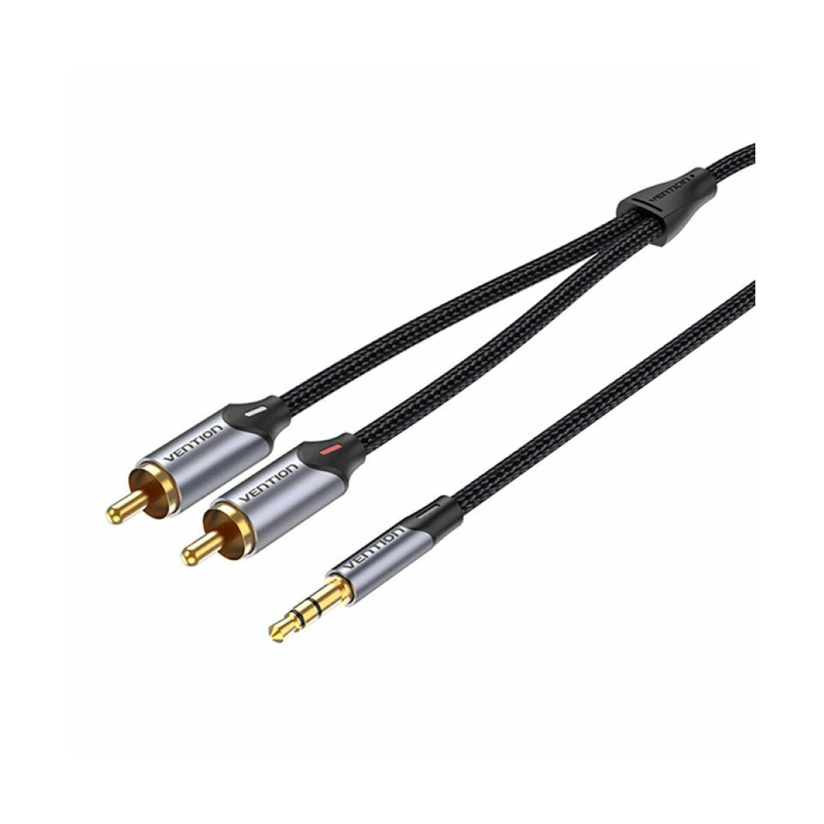Tre cavi audio neri con logo Vention, connettori oro e argento, su bianco.