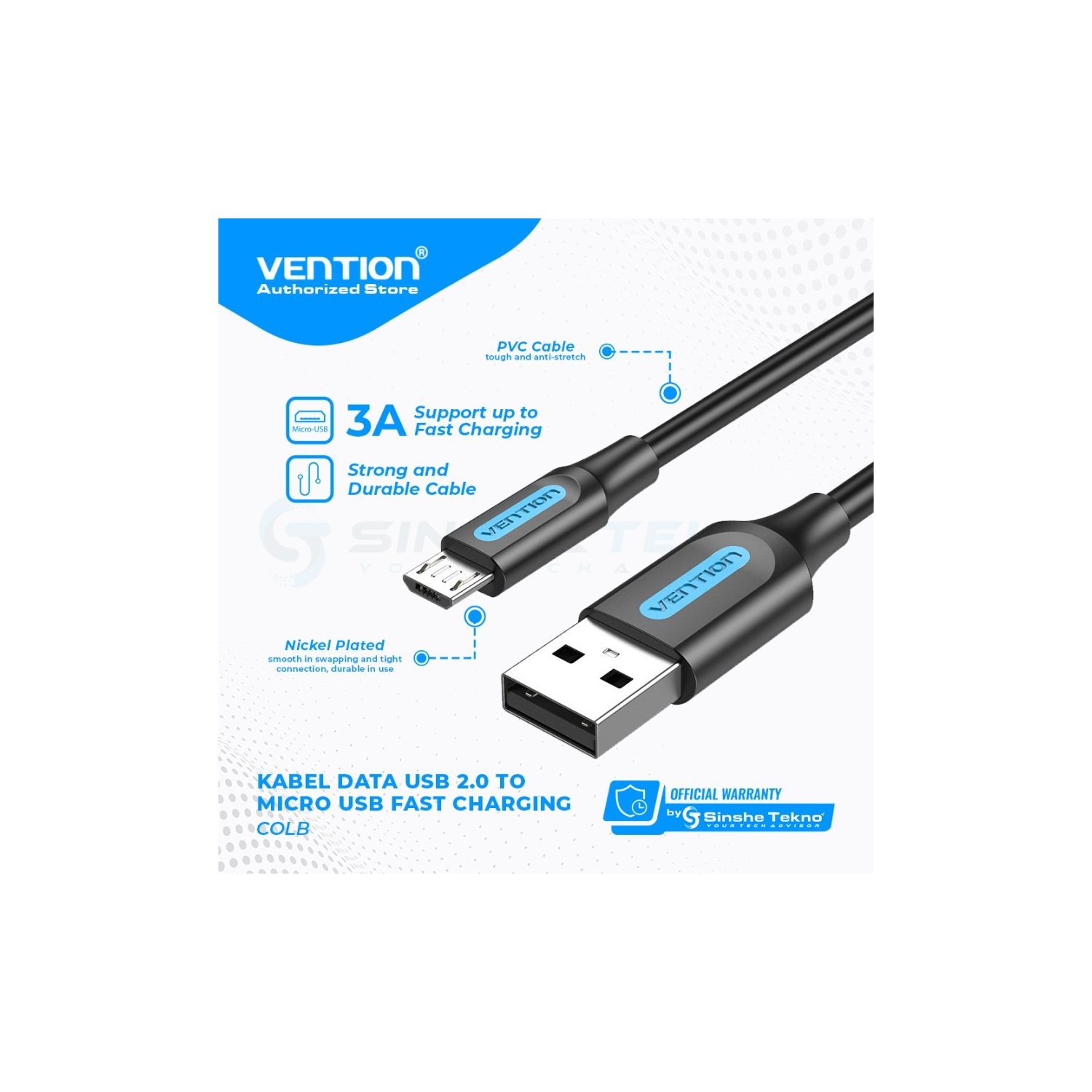 Un cavo da USB a Micro USB nero con marchio e testo, che mostra le capacità di ricarica rapida.