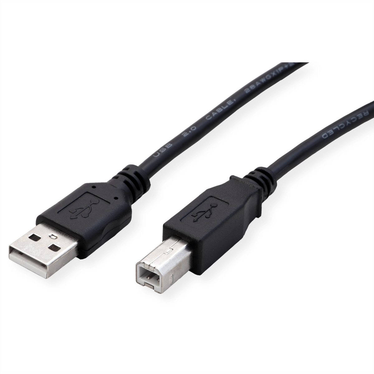 Un câble USB noir avec une étiquette USB 2.0. Fond blanc.