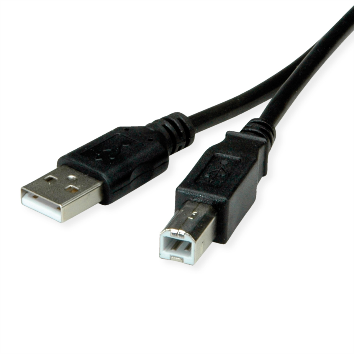 Câble USB vers USB noir, avec connecteurs à chaque extrémité, sur fond blanc.