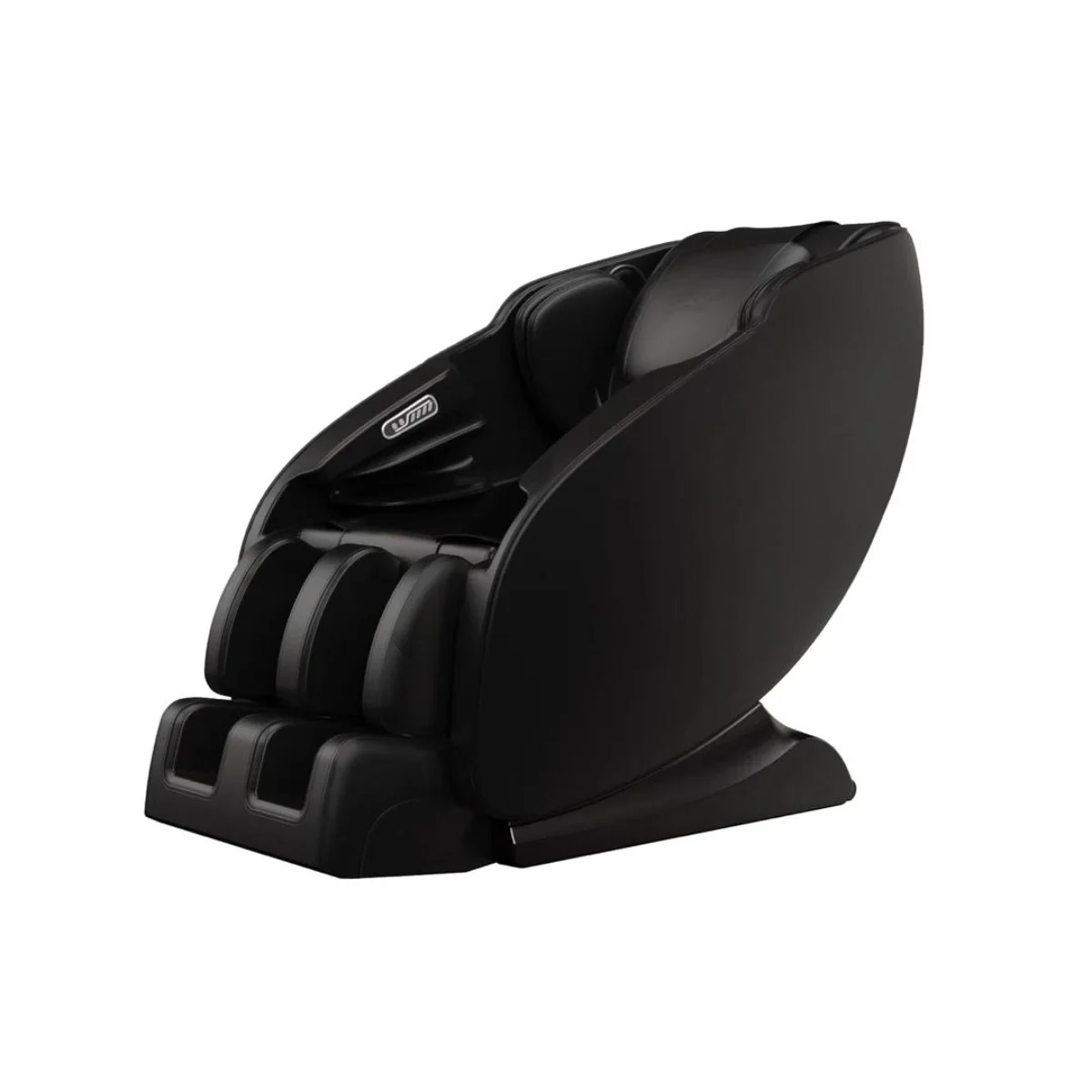 Schwarzer Massagesessel. Der Stuhl hat ein schlankes Design und mehrere Abschnitte.