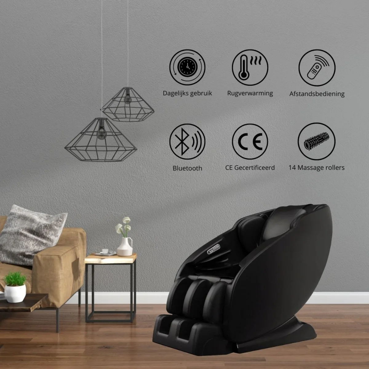 Ein schwarzer Massagesessel mit Symbolen, die Funktionen wie Bluetooth und Rückenheizung anzeigen.