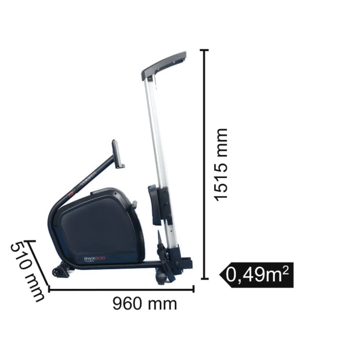 Exercise machine with dimensions labeled on the left and top.