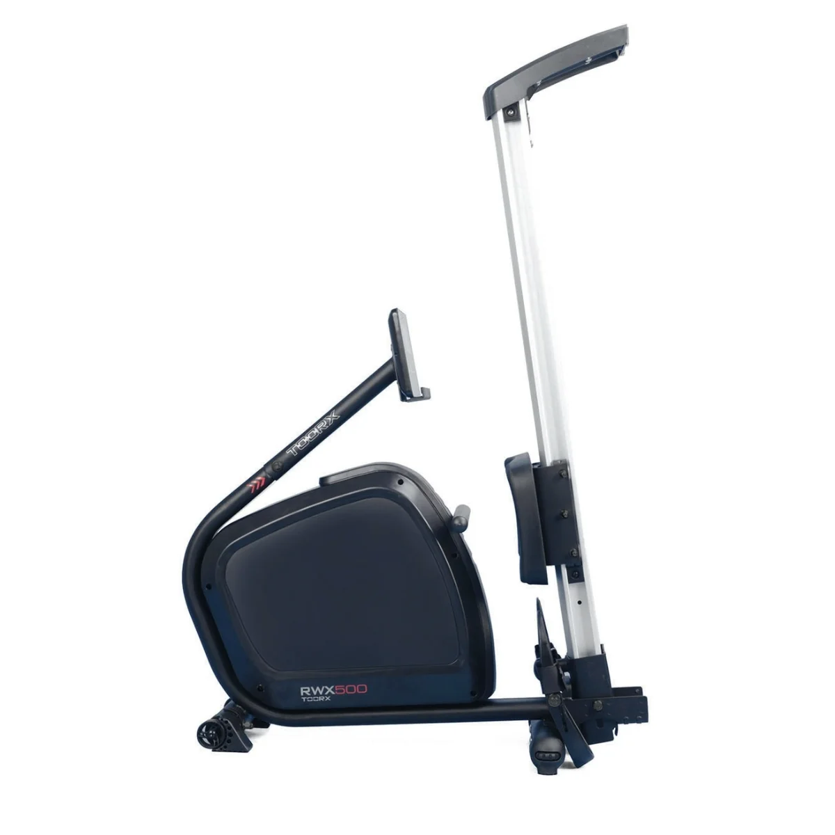Rowing machine, side view, black and gray, with a seat and rowing arm.
