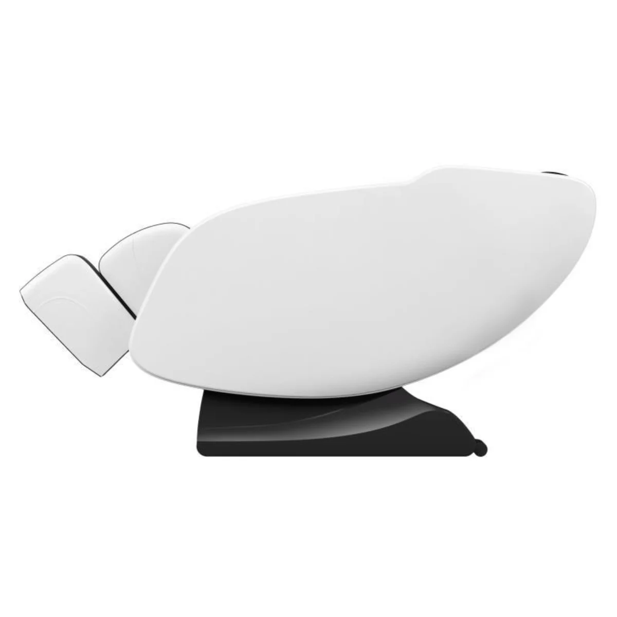 White massage chair in profile. Black base and headrest. Clean, modern design. Interior background.