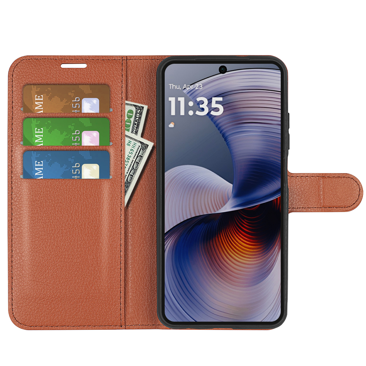 Een bruine leren telefoonhoes is open, met kaarten en geld links en een telefoon rechts.