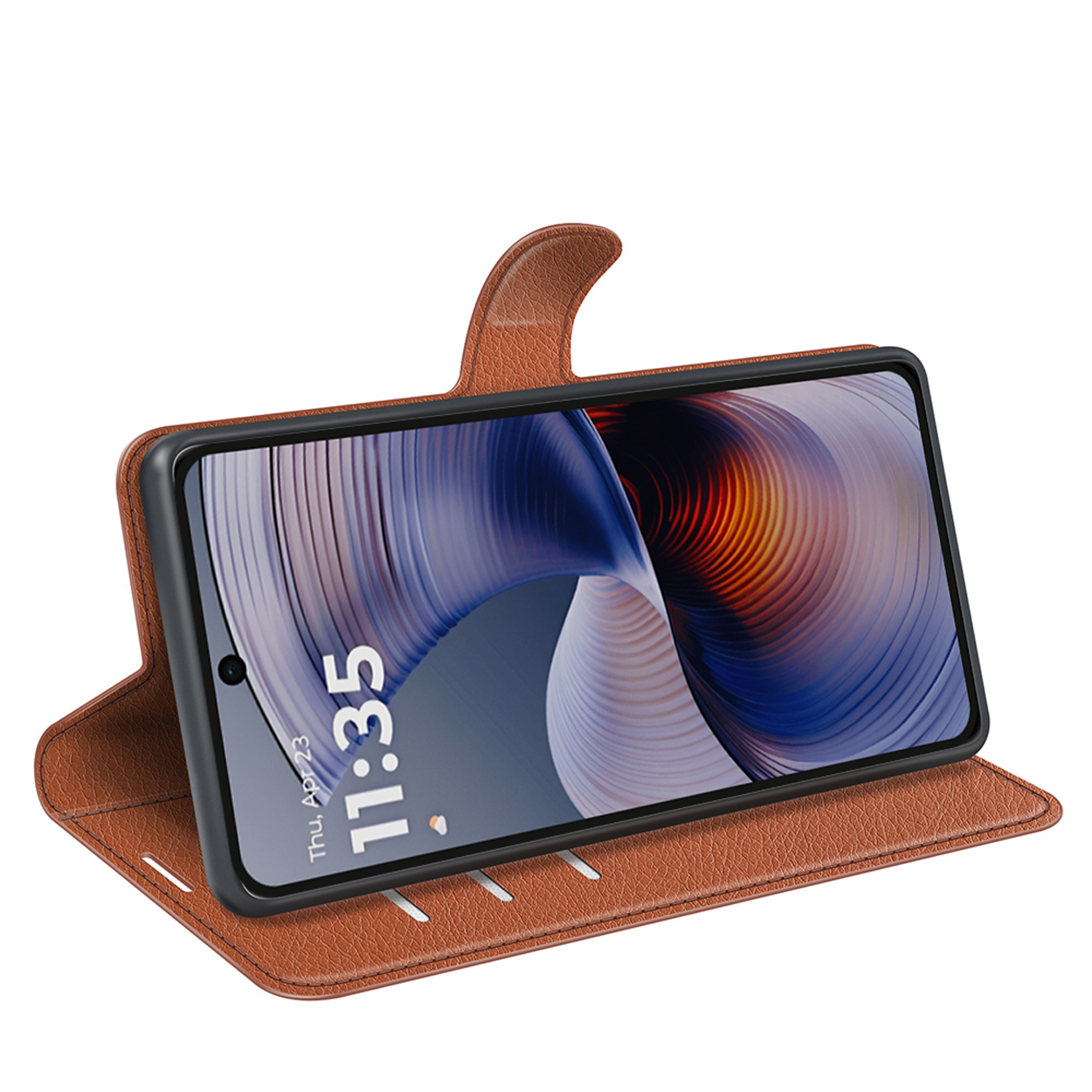 Bruine telefoonhoes met telefoon erin. Telefoon toont tijd 11:35.