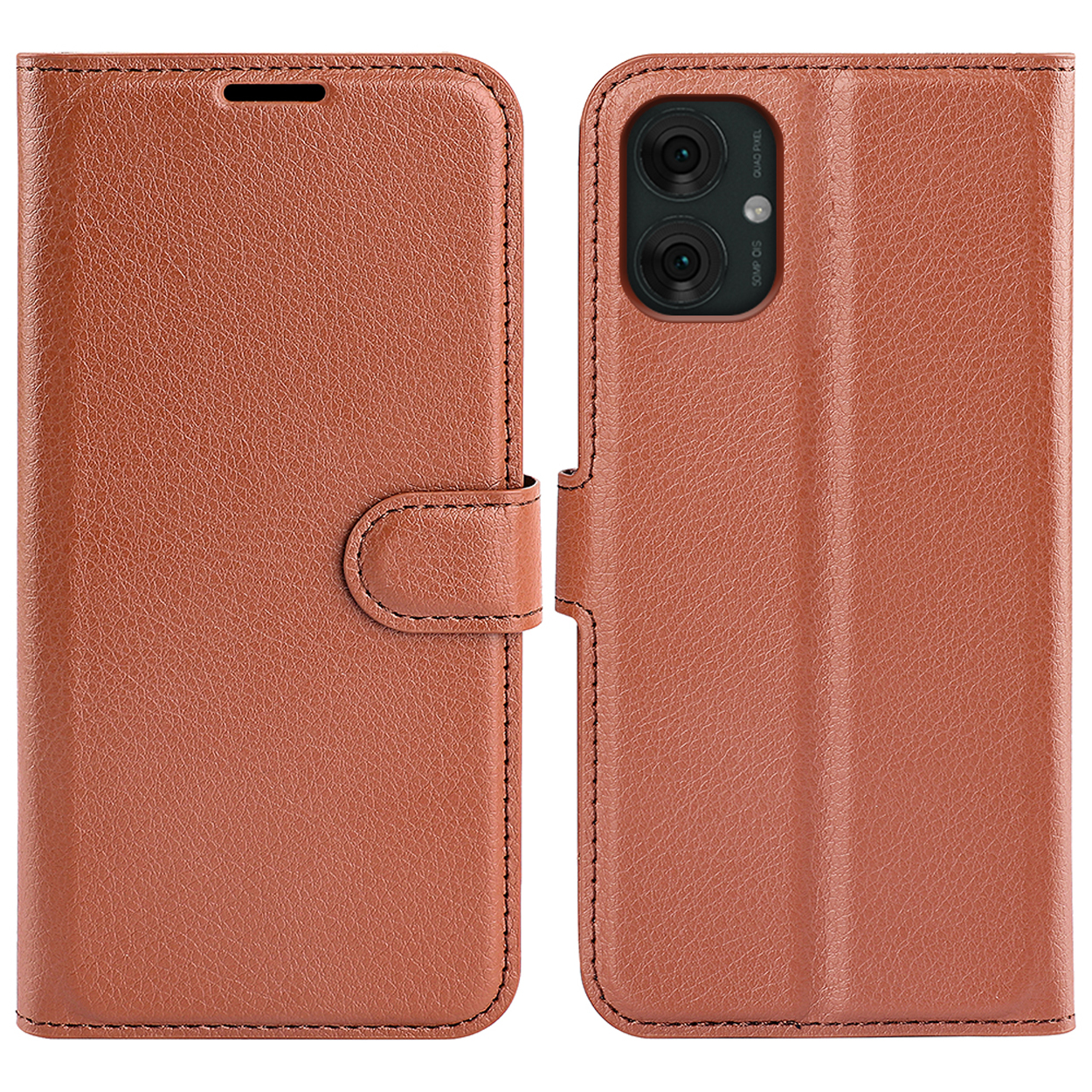 Een bruine telefoonhoes, open, met de telefoon en een knoopsluiting. Witte achtergrond.