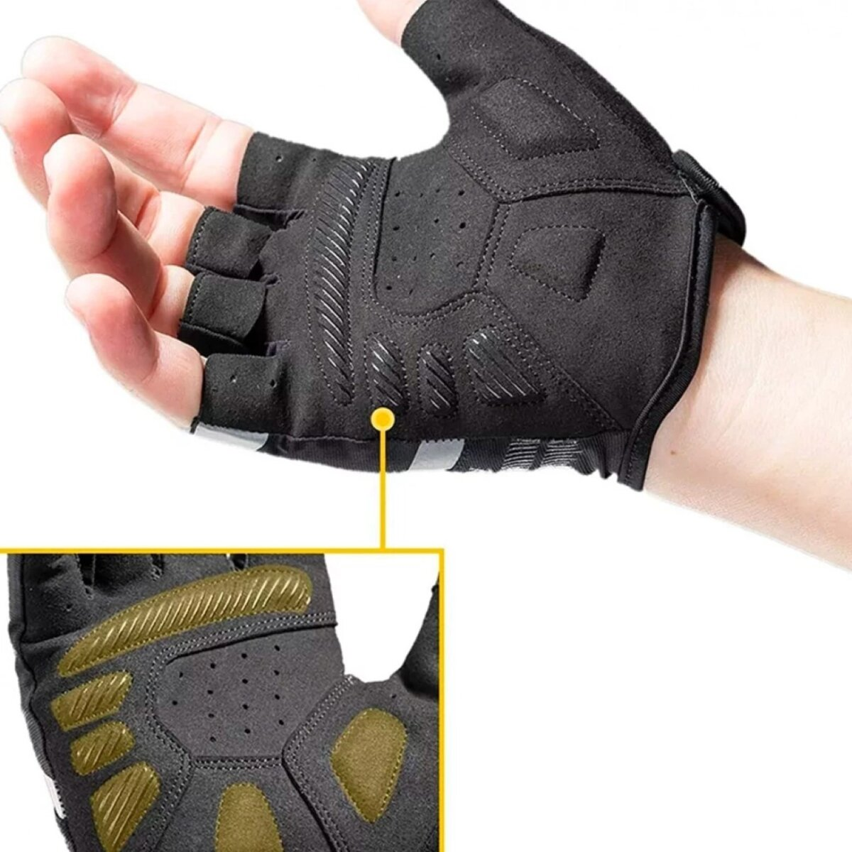 Schwarze Fahrradhandschuhe mit gepolsterter Handfläche und Nahaufnahme der Polsterung.