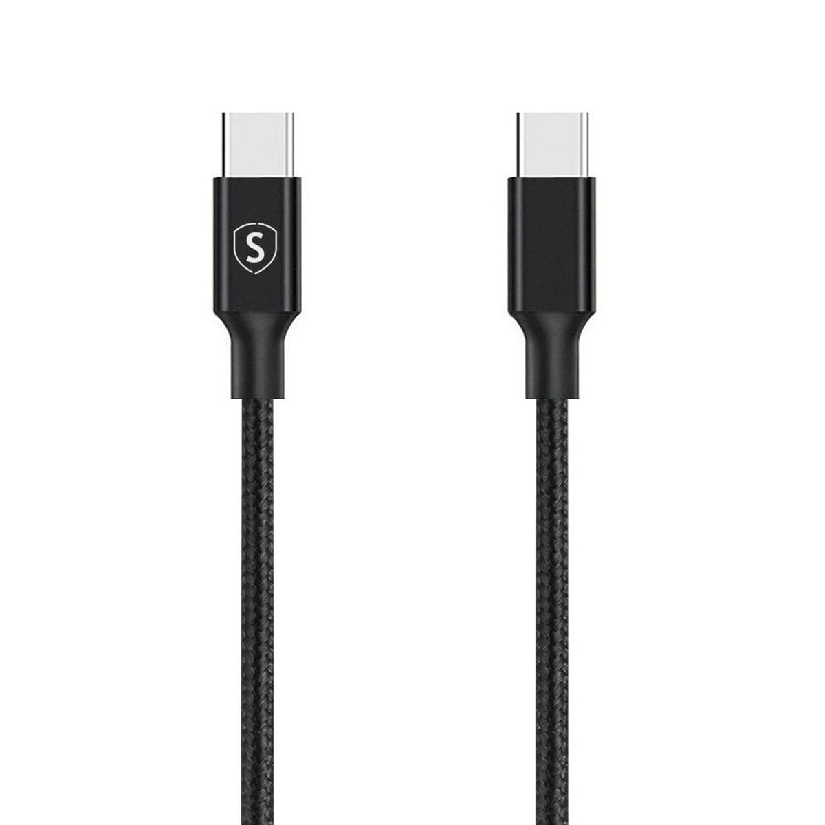 Dwa czarne kable USB-C z plecionym wzorem. Lewy kabel ma logo 'S'.