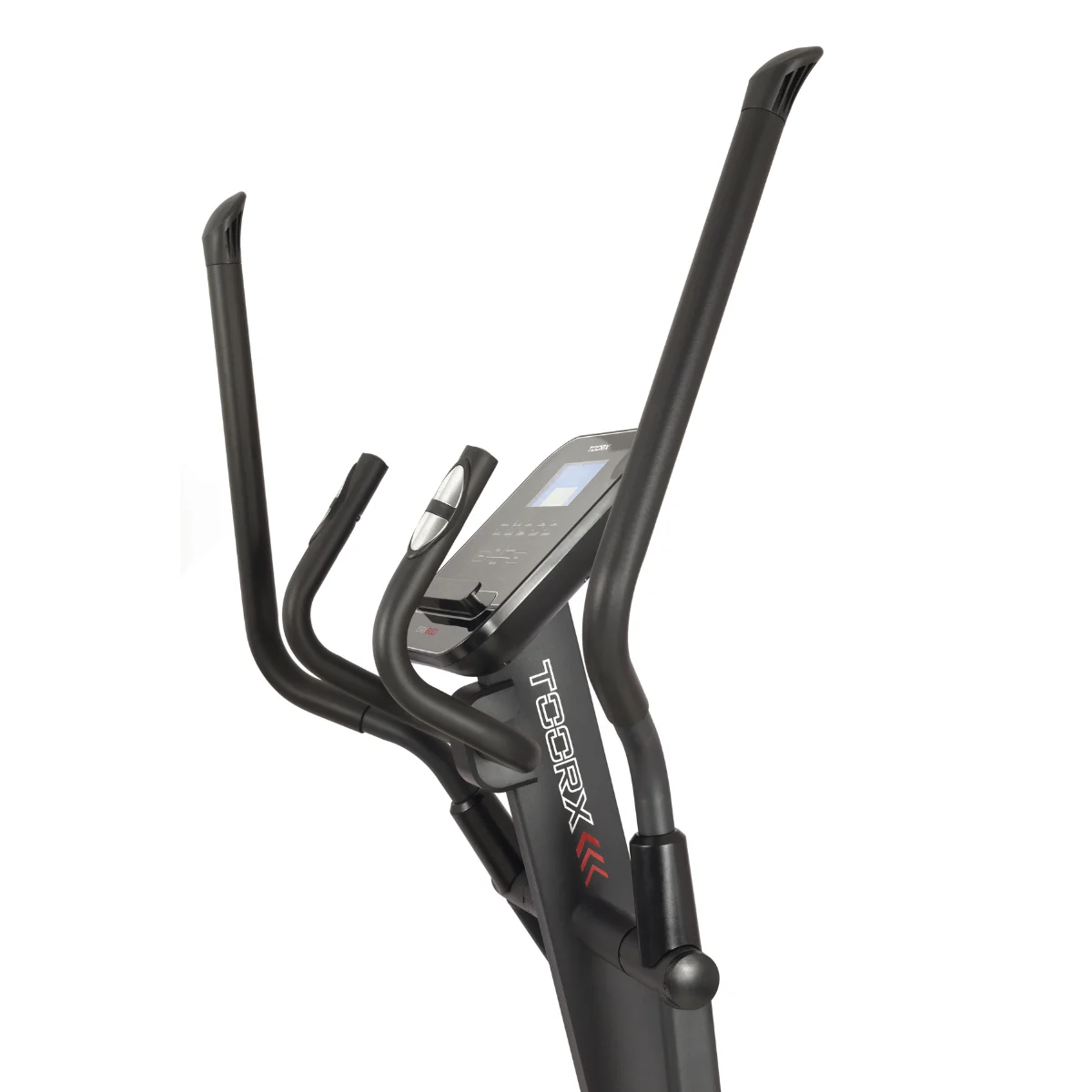 Een elliptische machine. Hij is zwart met schuine handgrepen. Het Toorx-logo is zichtbaar.