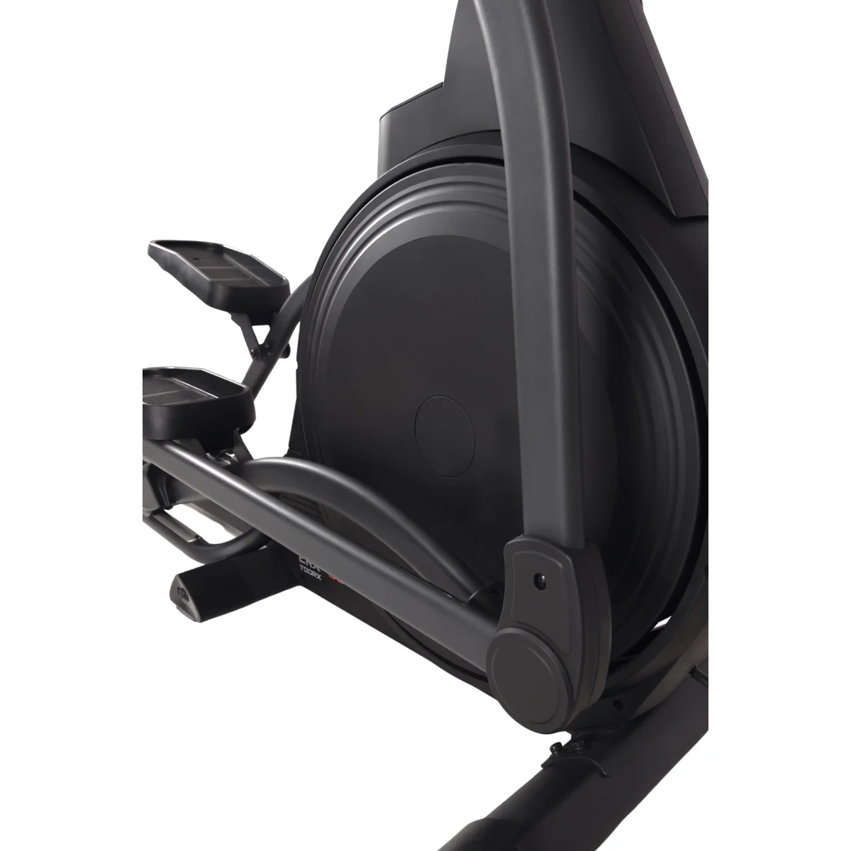 Elliptische machine. Zwart, schuine hoek. Pedalen, vliegwiel en frame.