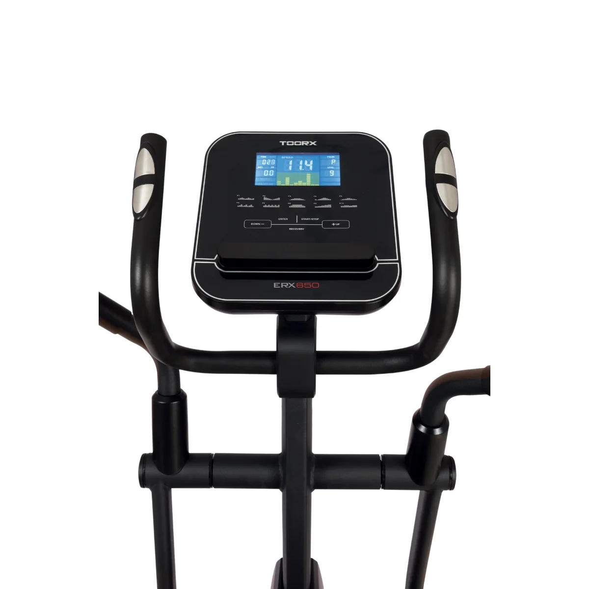 Close-up van het display van een crosstrainer. Het display toont trainingsgegevens.
