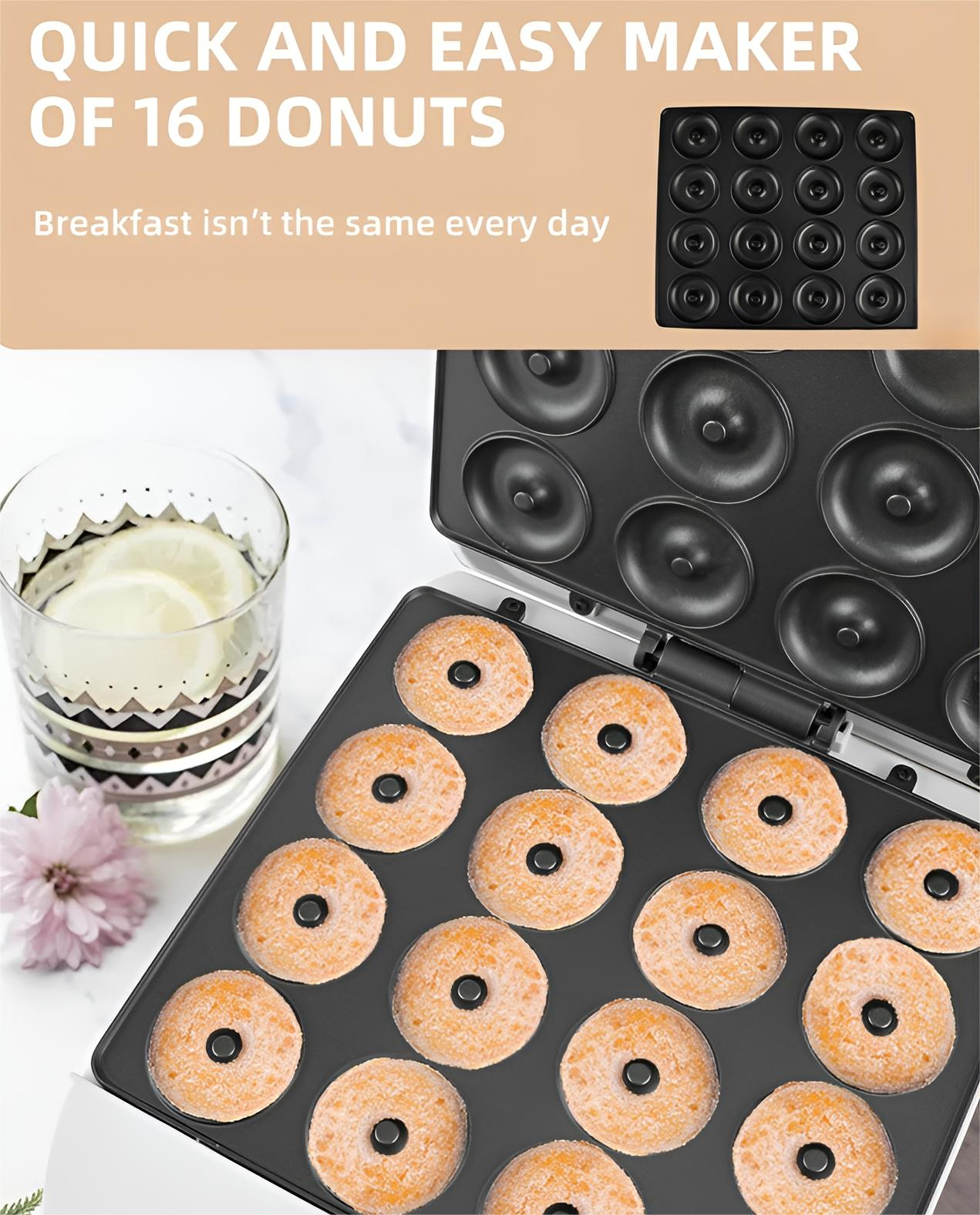 Donut-Maker mit Donuts. Die Maschine ist geöffnet und zeigt Donuts und die Kochfläche.