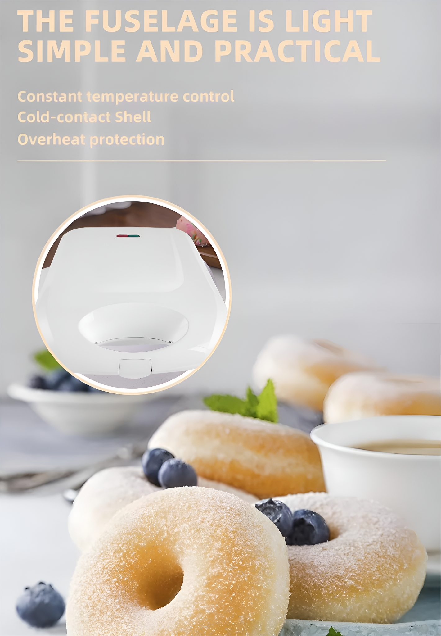 Weißer Waffelautomat mit Donuts. Text: Der Rumpf ist leicht, einfach und praktisch.