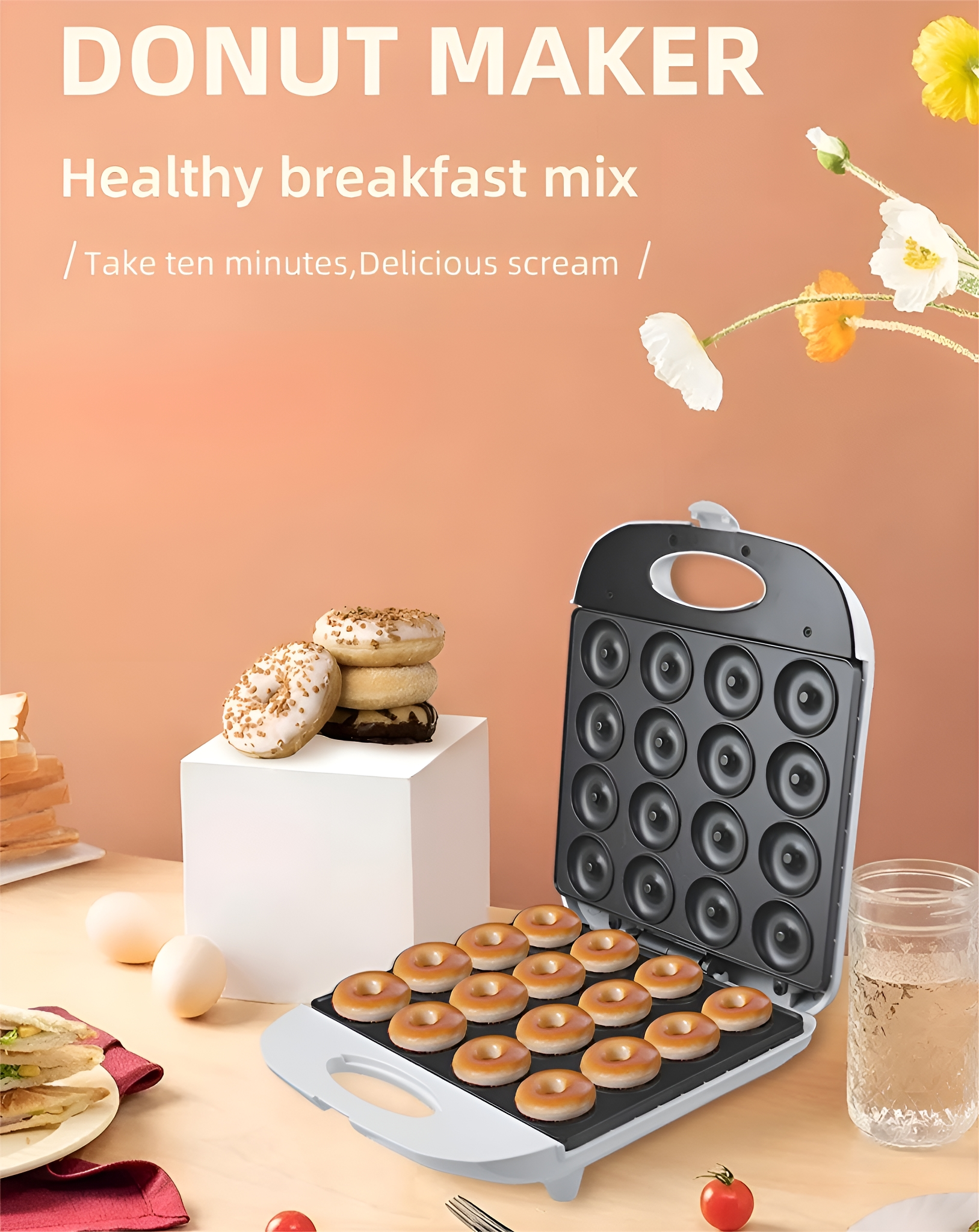 Donut-Maker mit Donuts, Eiern und Zutaten auf einem Tisch; orangefarbener Hintergrund.