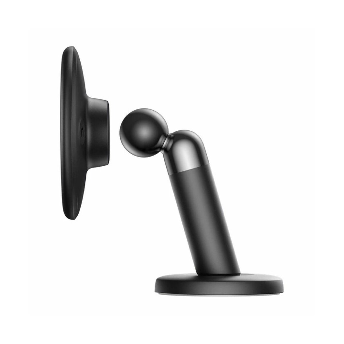 Zwarte magnetische telefoonhouder voor in de auto. Toont kogelgewricht, basis en plaat voor de telefoon.