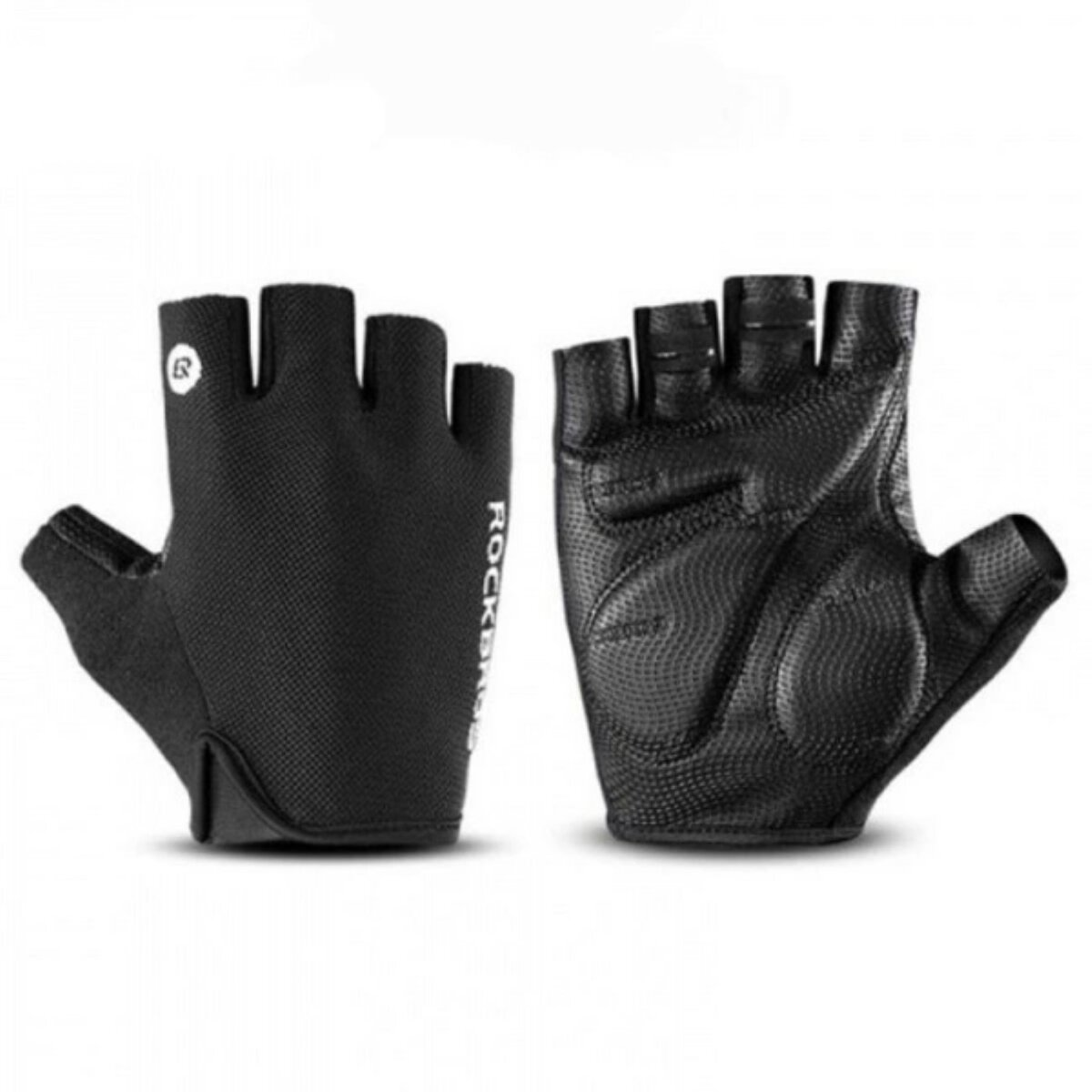 Paar schwarze Fahrradhandschuhe. Ein Handschuh zeigt die Innenhand. Der andere Handschuh zeigt die Außenseite.