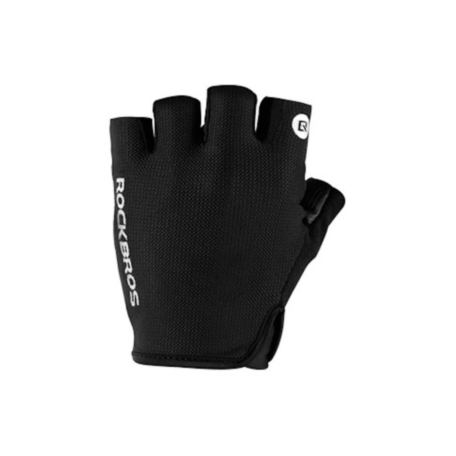 Schwarzer Fahrradhandschuh mit offenen Fingern, weißer "ROCKBROS" Schriftzug.