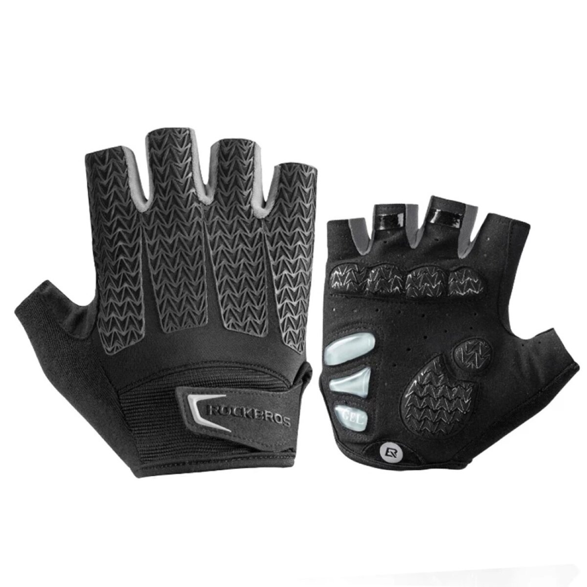 Schwarze Fahrradhandschuhe. Ein Paar nebeneinander. Strukturierte Grip-Pads. Weißer Hintergrund.