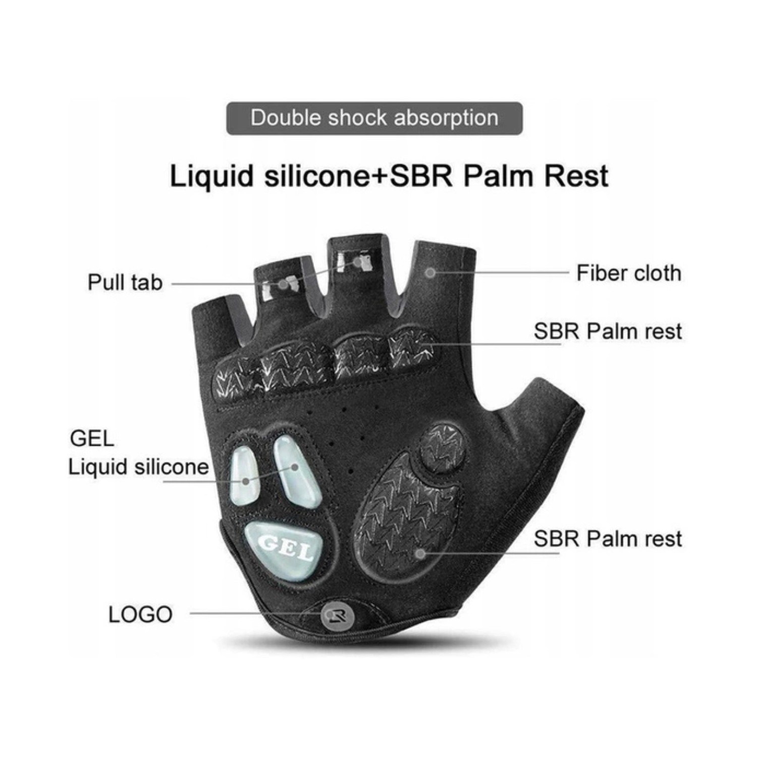 Schwarzer Fahrradhandschuh mit Etiketten. Zeigt 'GEL', 'Liquid silicone' und andere Details. Der Handschuh ist offen.