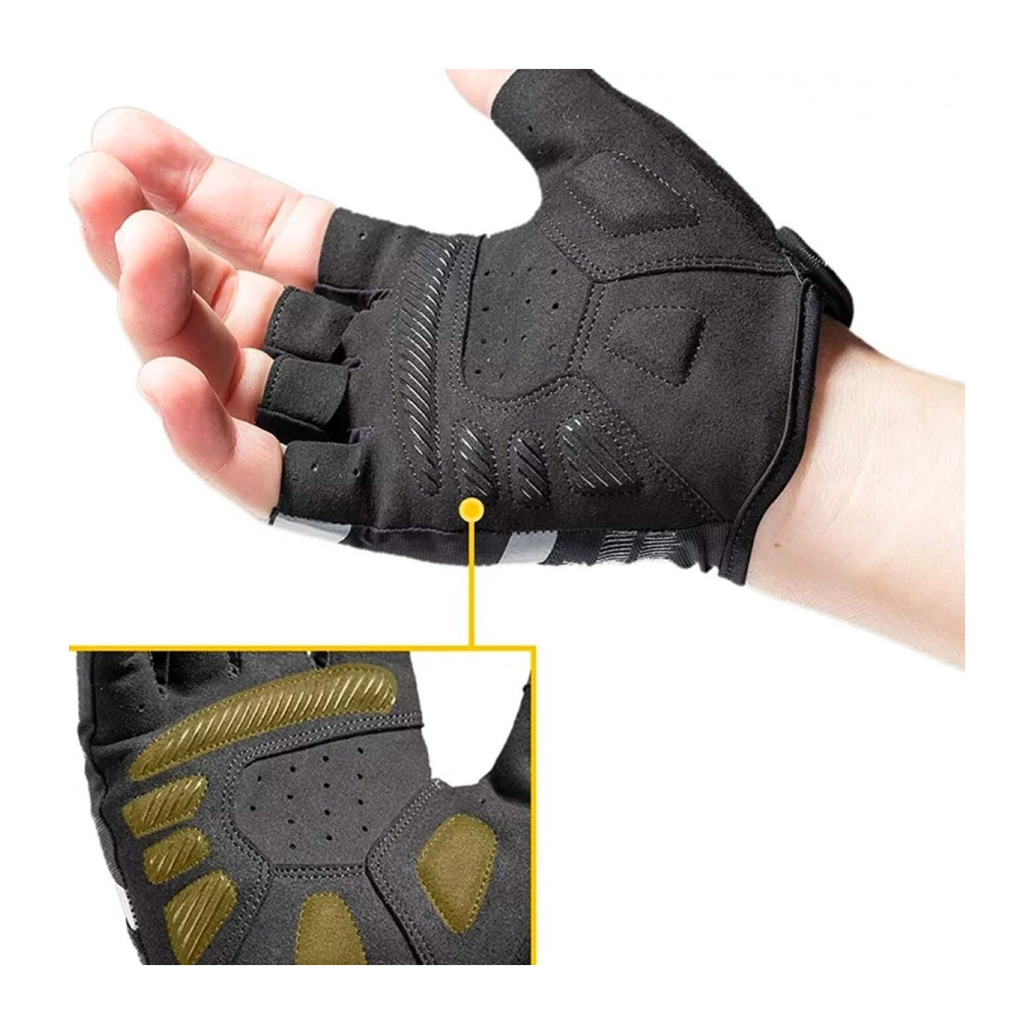 Hand mit schwarzem Fahrradhandschuh. Nahaufnahme zeigt die Handfläche mit Perforationen und Gelpolsterung.