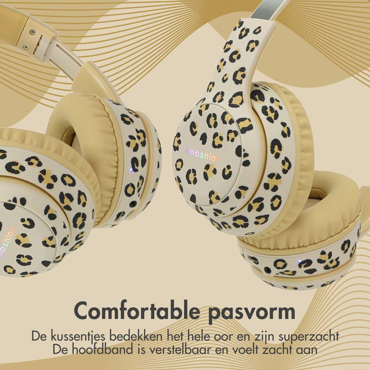 Cream and leopard print headphones with text in Dutch about comfort on gold background.