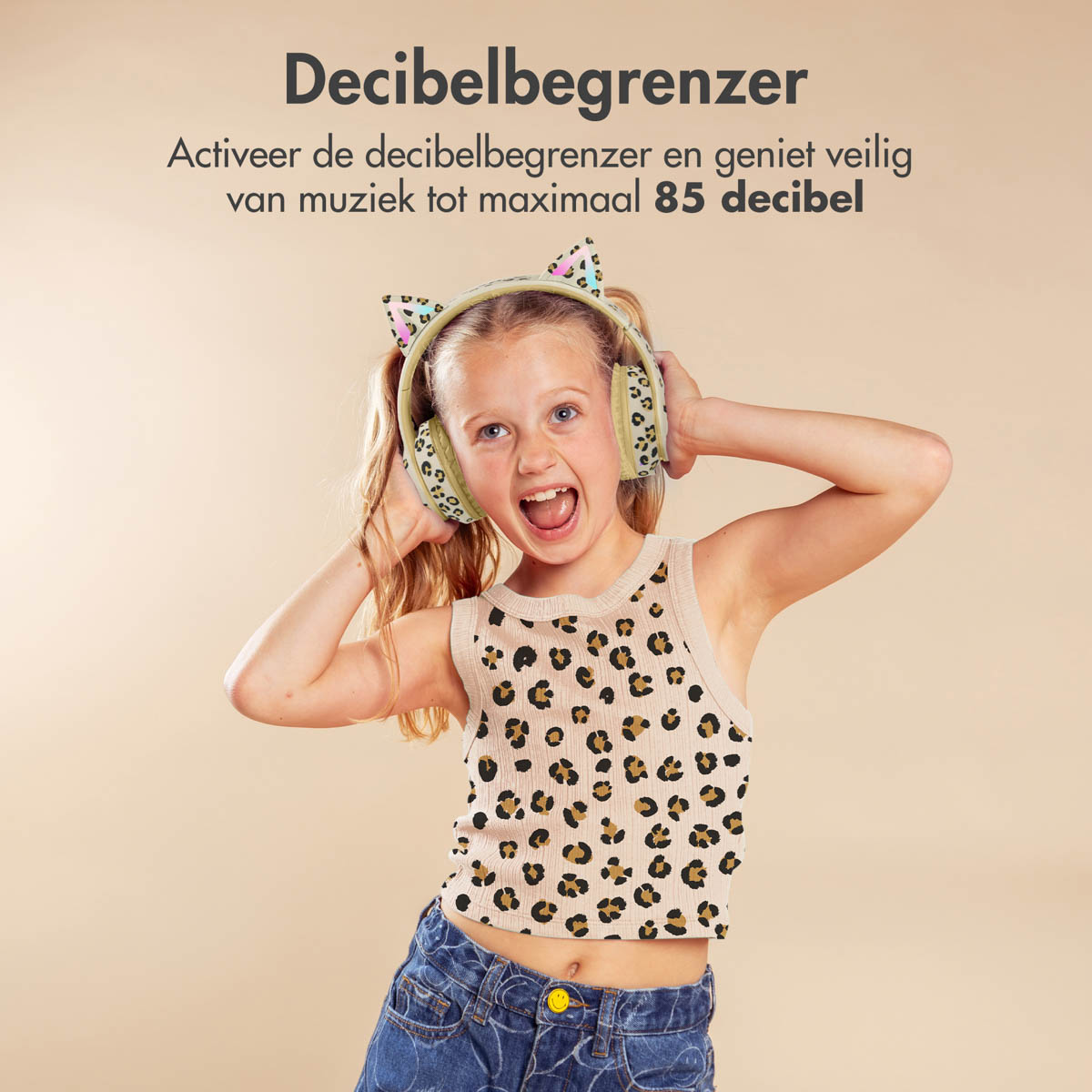 A girl wearing headphones, smiling, with text about decibel limiters.