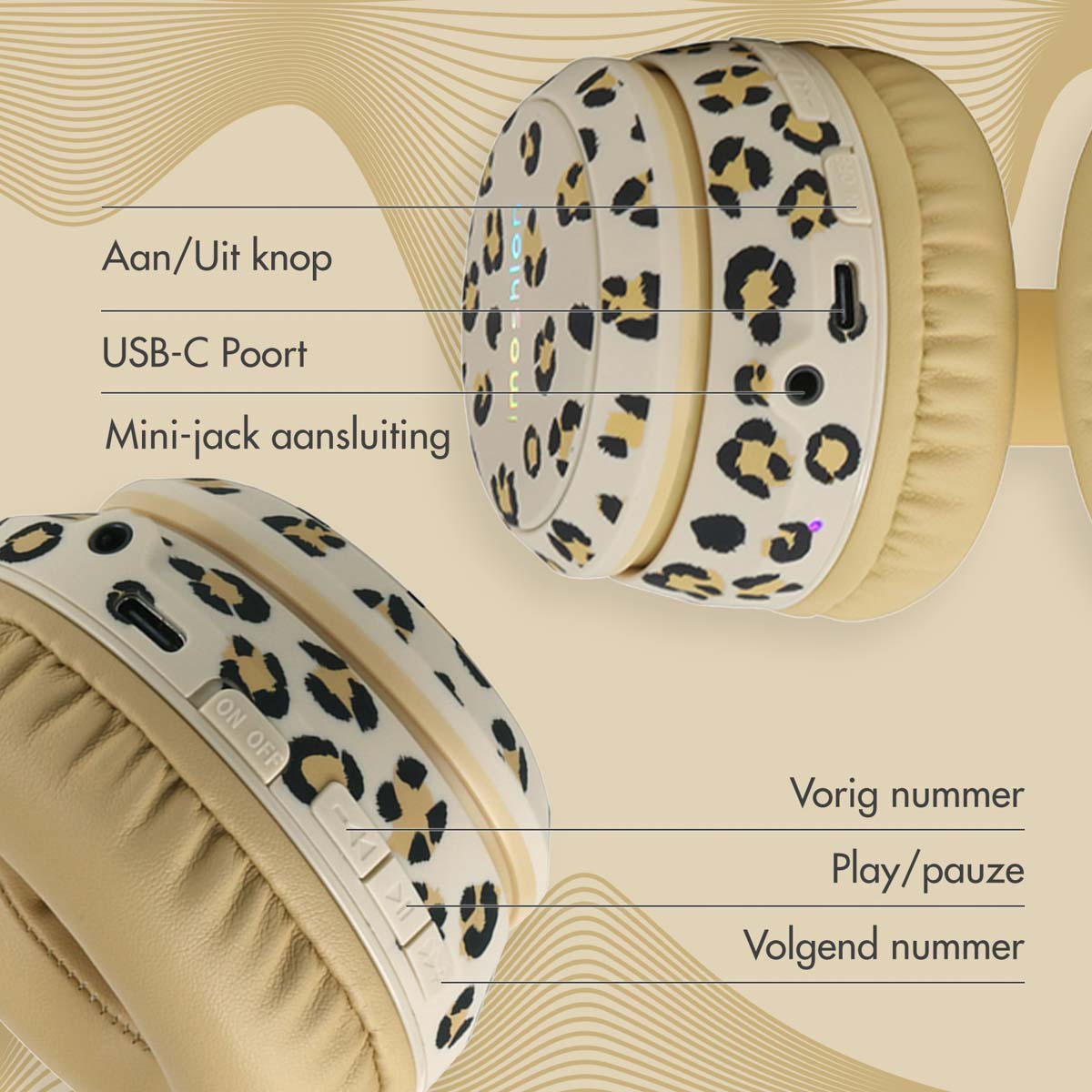 Cream-colored headphones with leopard print earcups. Controls are labeled: on/off, USB-C port, and mini-jack.