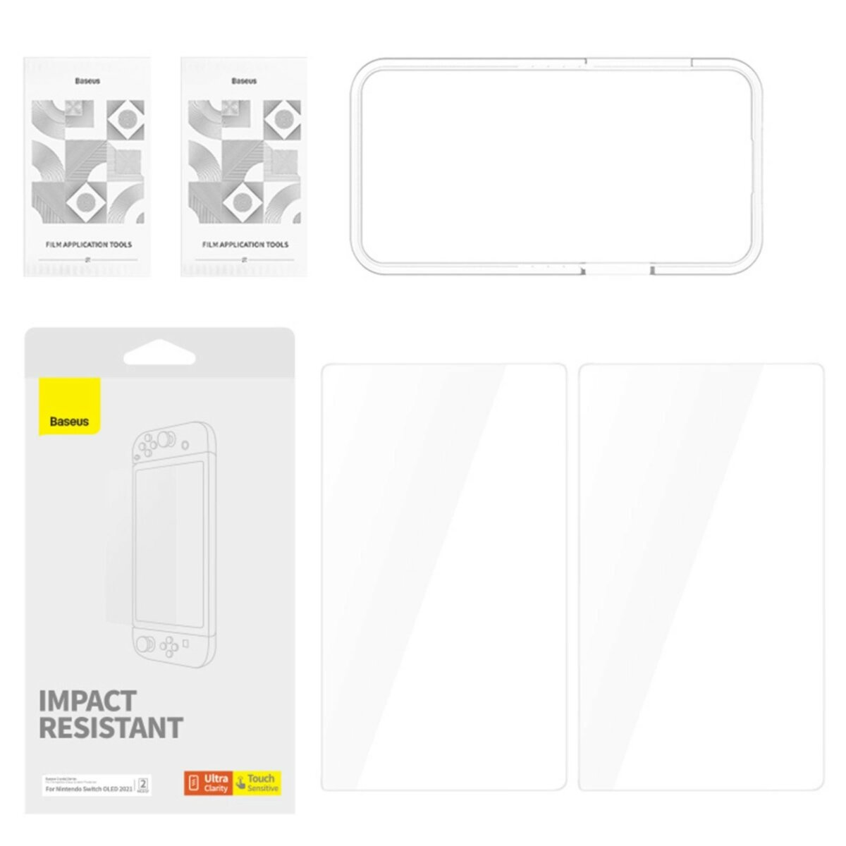 Una confezione con protezioni schermo per Nintendo Switch OLED. Sfondo bianco. Sono forniti anche strumenti per l'applicazione della pellicola.