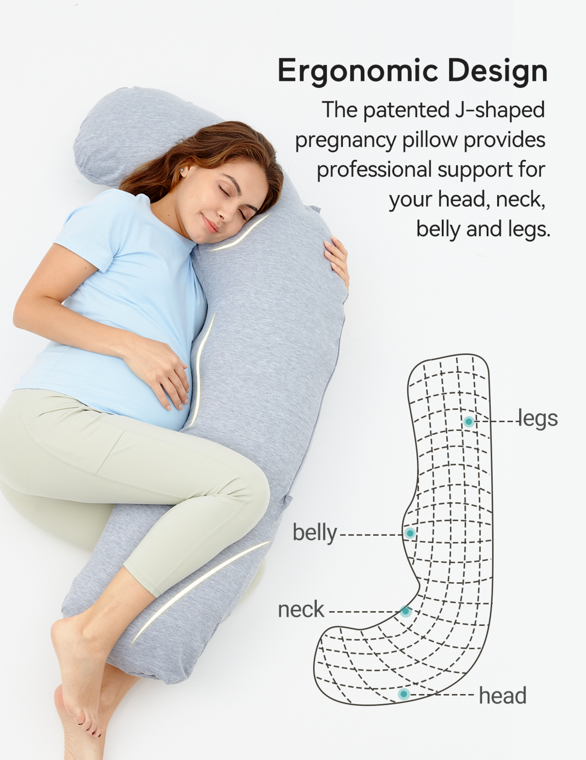 Una donna incinta sdraiata su un cuscino per la gravidanza grigio a forma di J, con un diagramma del cuscino.