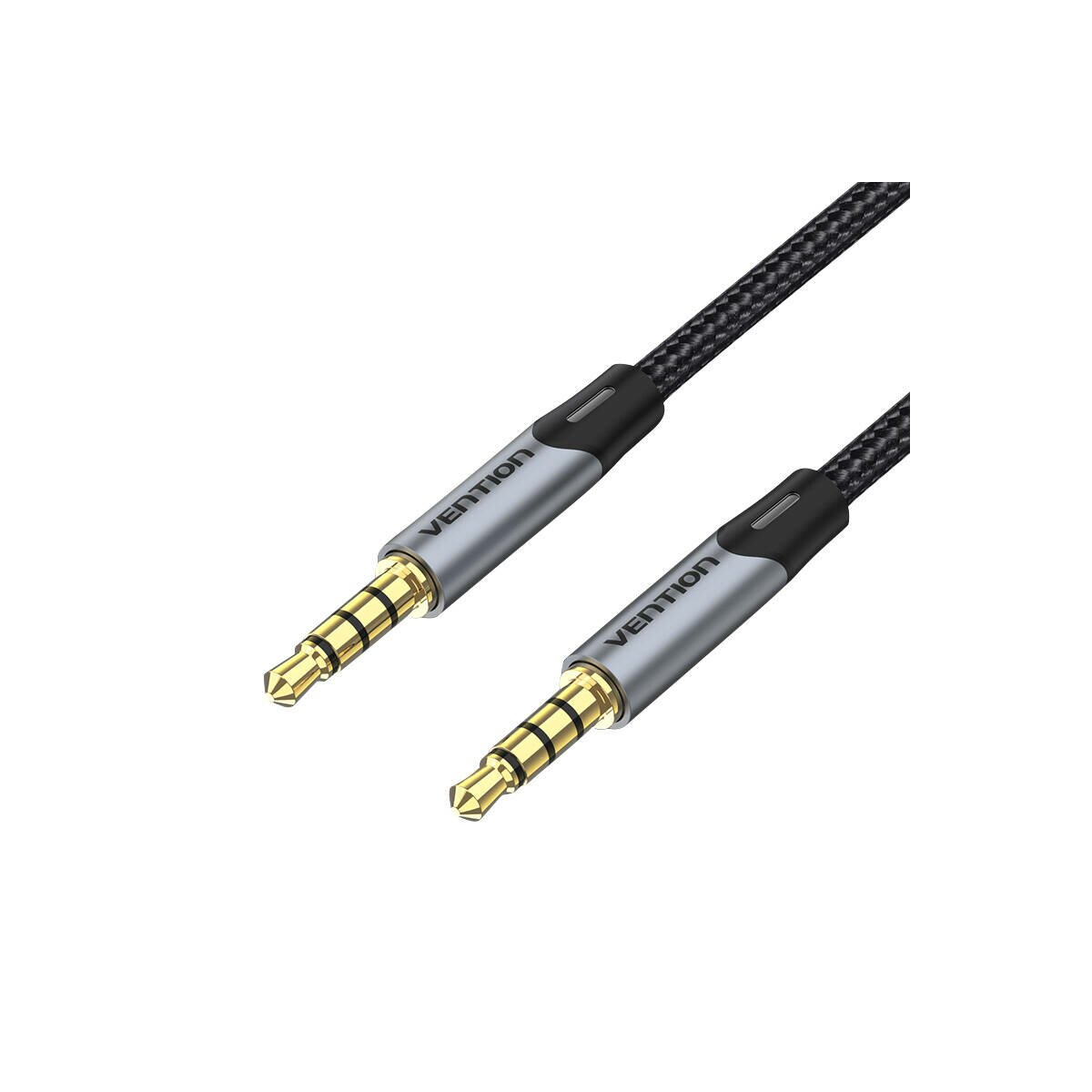 Dos cables de audio negros con conectores dorados, etiquetados Vention, sobre una superficie blanca.