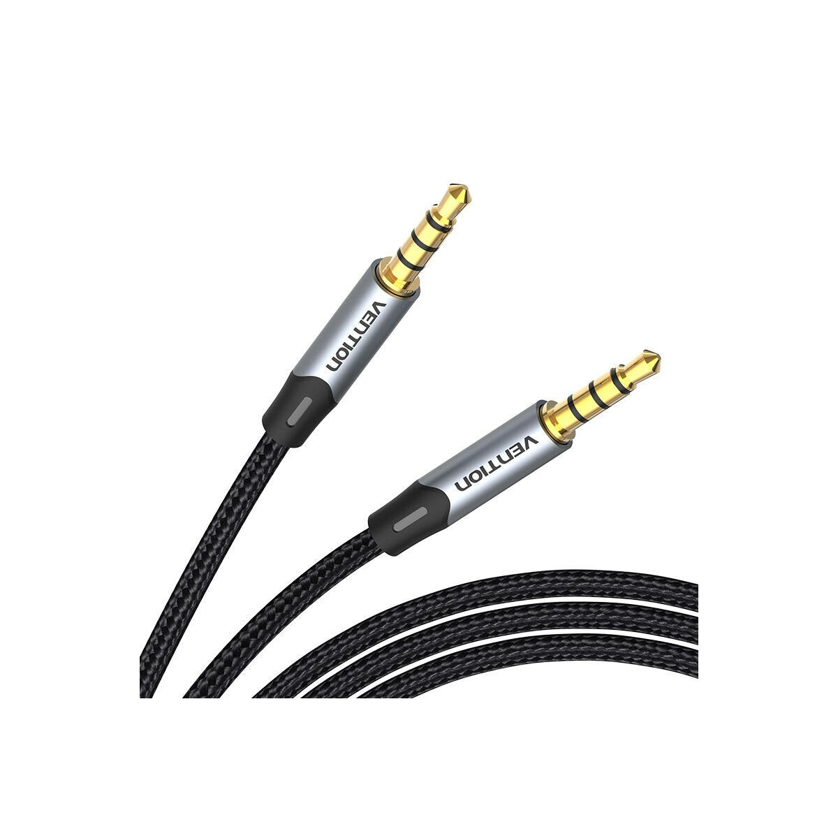Dos cables de audio con conectores negros, dorados y plateados. Visible la marca 'Vention'.