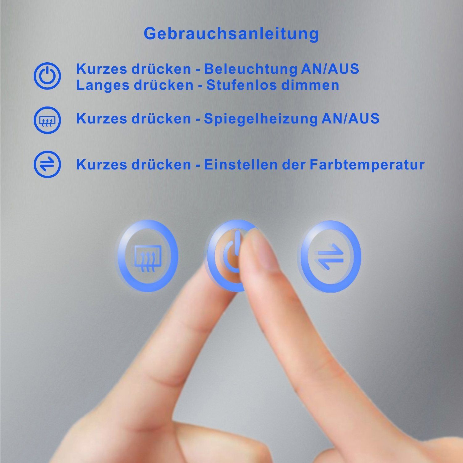 Hand berührt drei blau hinterleuchtete Knöpfe mit Text. Grauer Hintergrund.