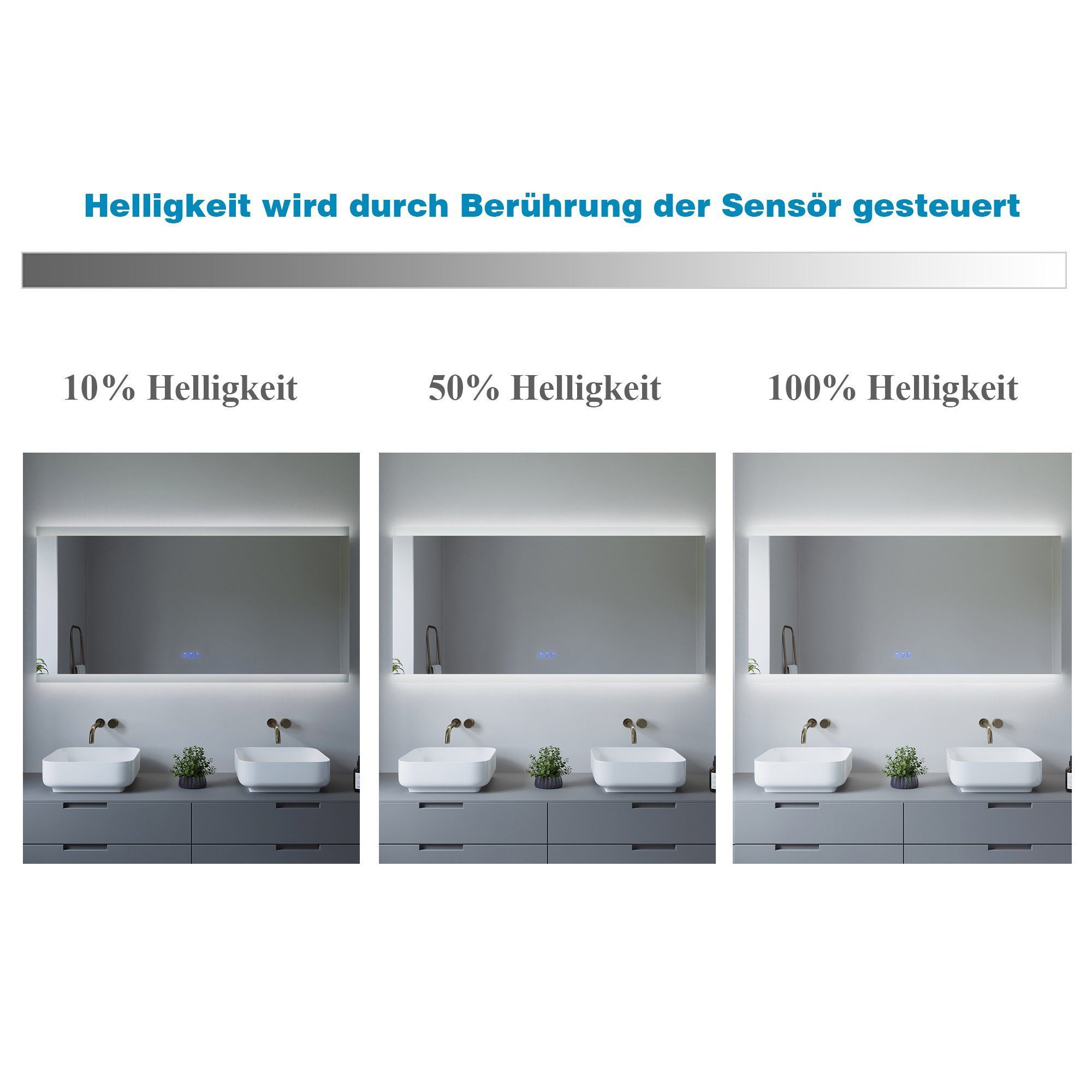 Drei beleuchtete Spiegel mit unterschiedlichen Helligkeitseinstellungen und Text zur Steuerung.