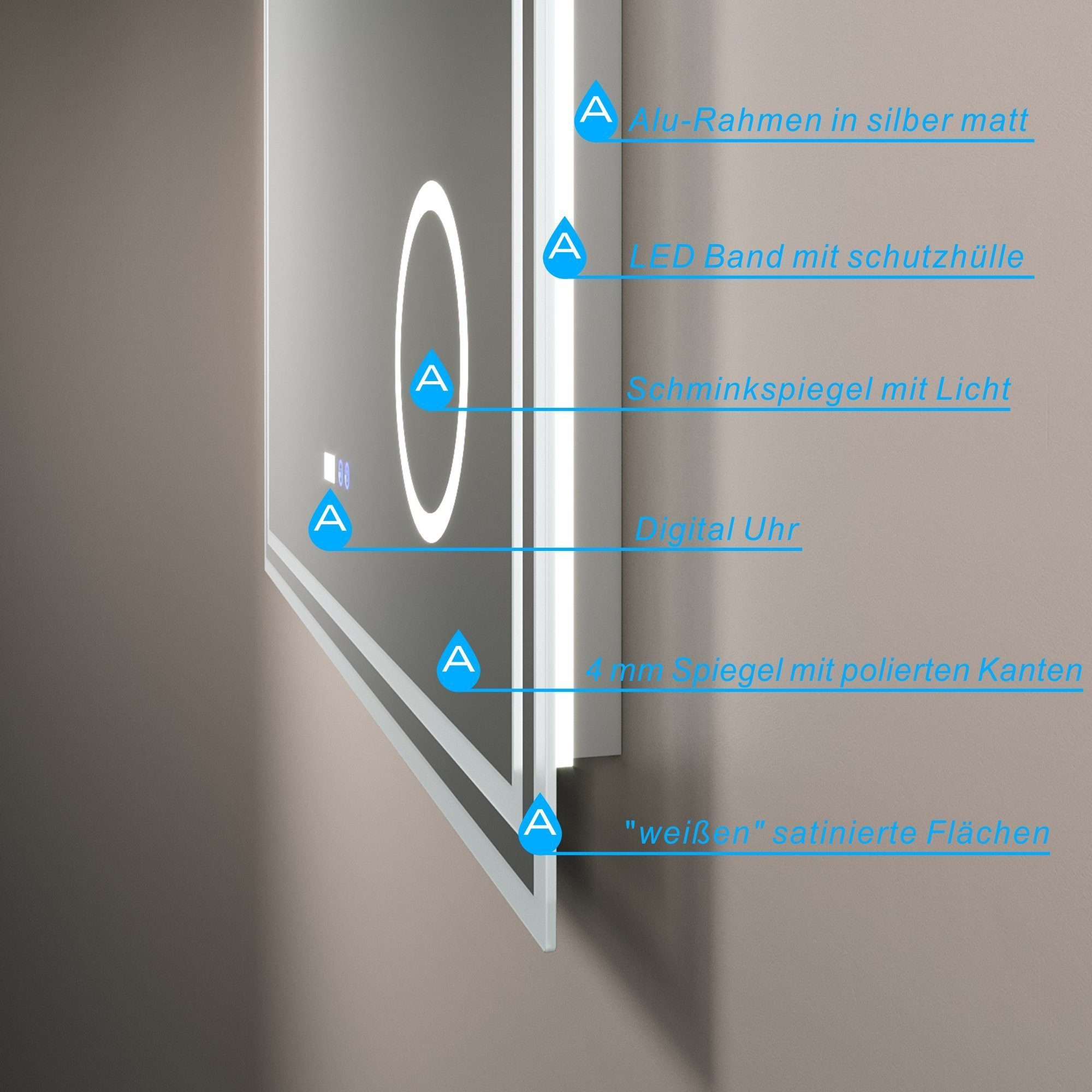 Ein Spiegel mit Rahmen, Digitaluhr und LED-Streifenlichtern.