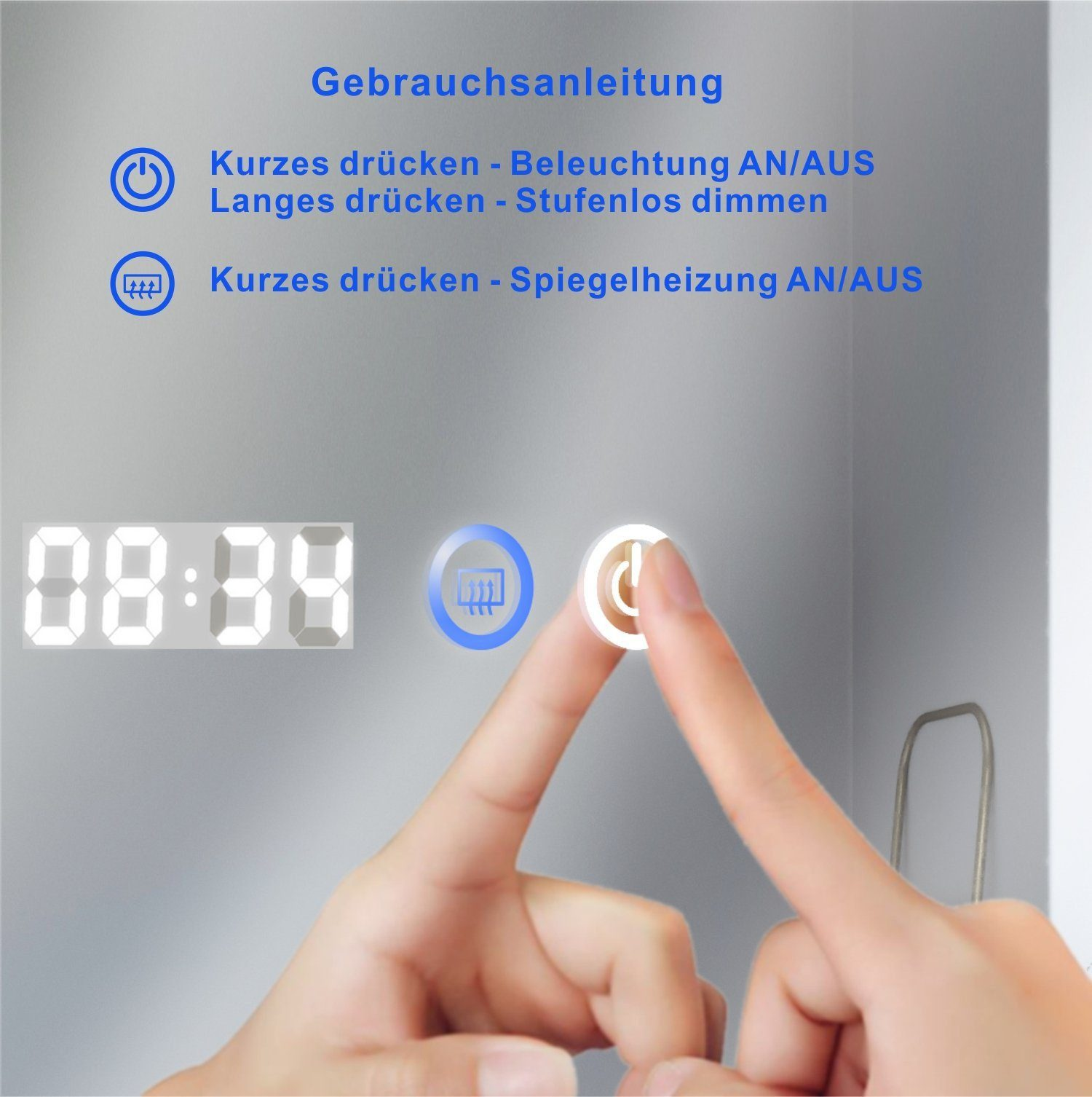 Eine Hand berührt einen Spiegel mit Bedientasten und Digitaluhr.