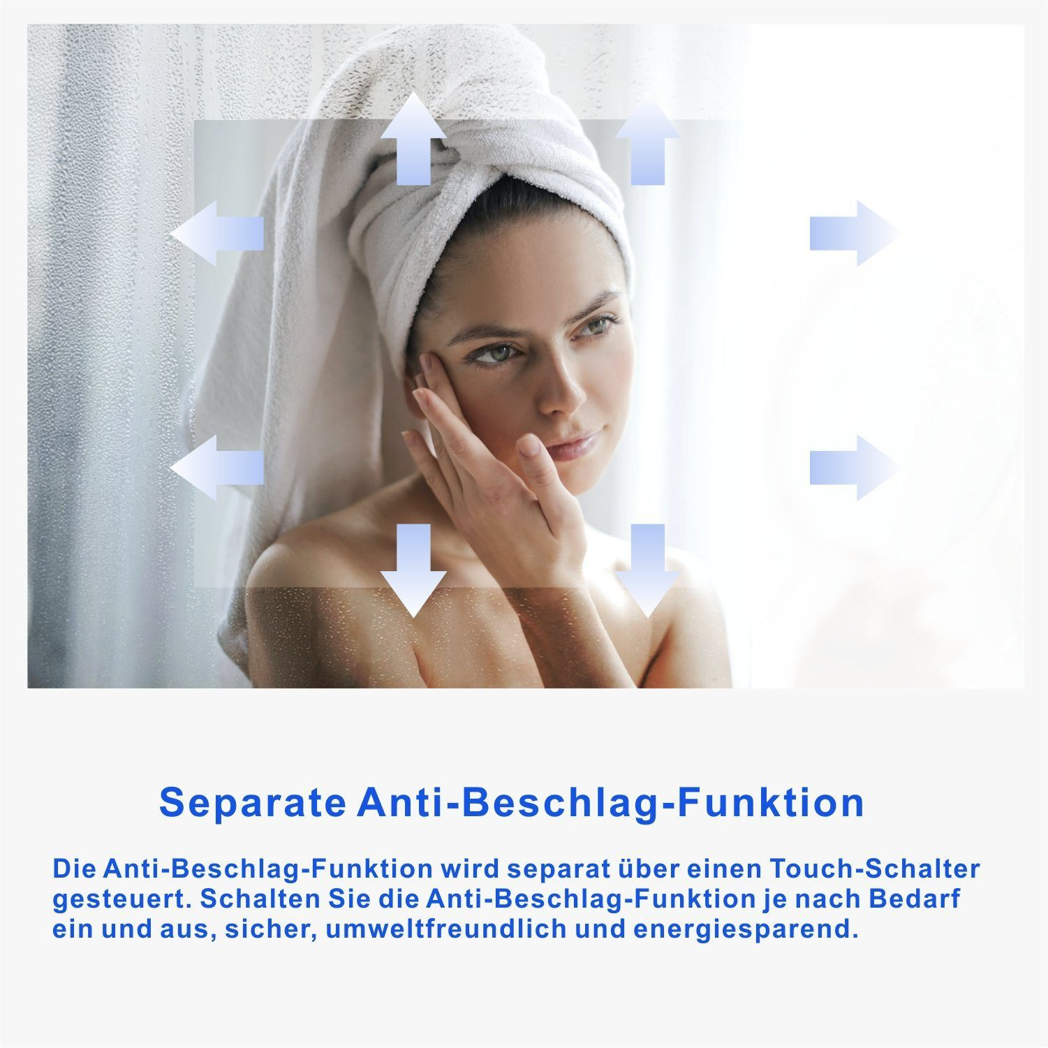 Eine Frau mit Handtuch auf dem Kopf trägt Lotion auf ihr Gesicht auf, mit Pfeilen drumherum.
