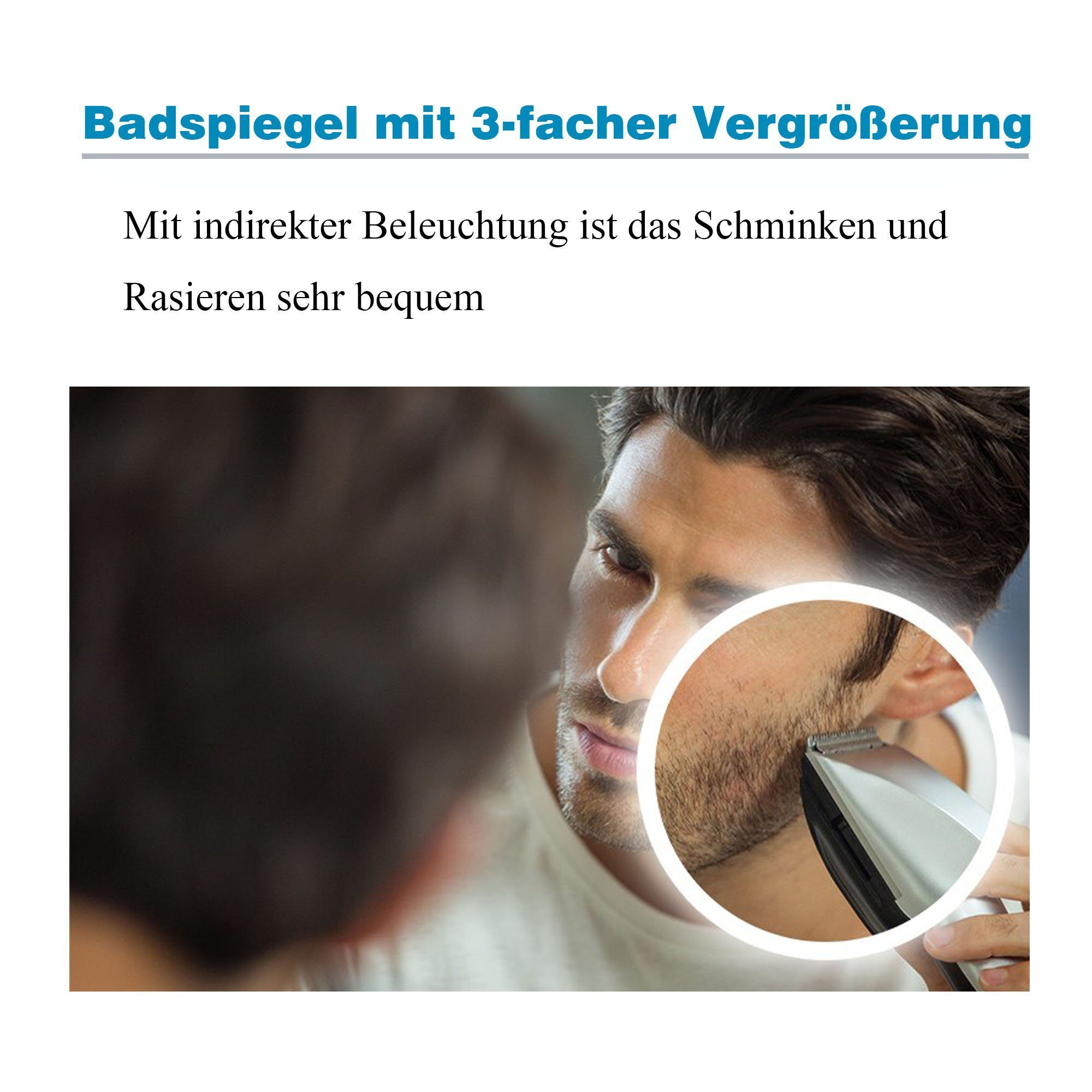 Mann rasiert sich mit einem Trimmer vor einem Spiegel. Text ist oben sichtbar.