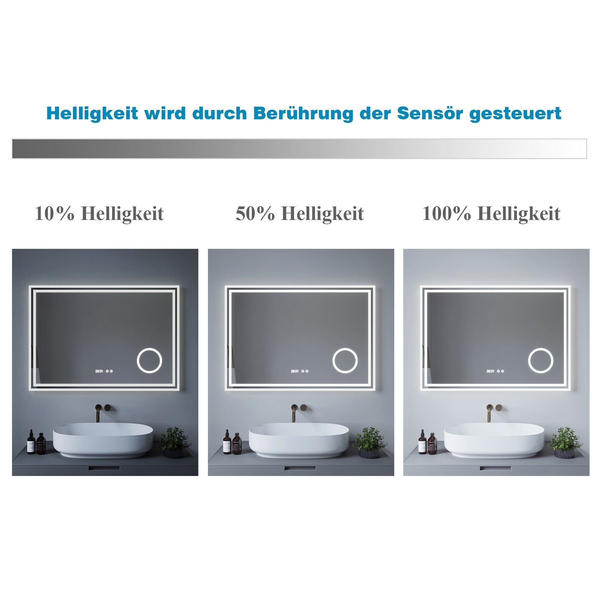 Drei Spiegel mit unterschiedlichen Helligkeitseinstellungen, die Helligkeitsstufen von 10 % bis 100 % zeigen.