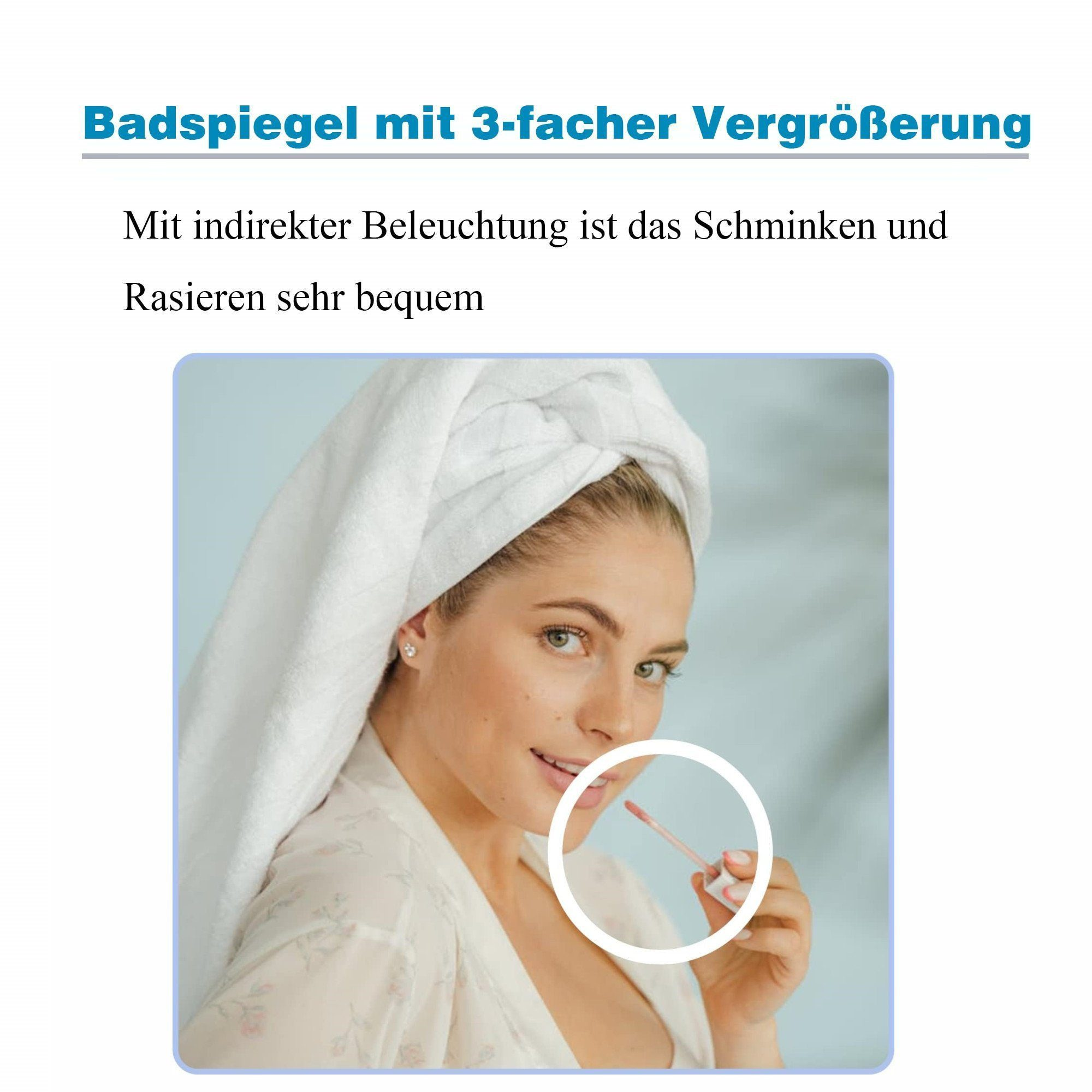Frau im Bademantel, die Lipgloss aufträgt. Ein weißer Kreis hebt den Lipgloss hervor.